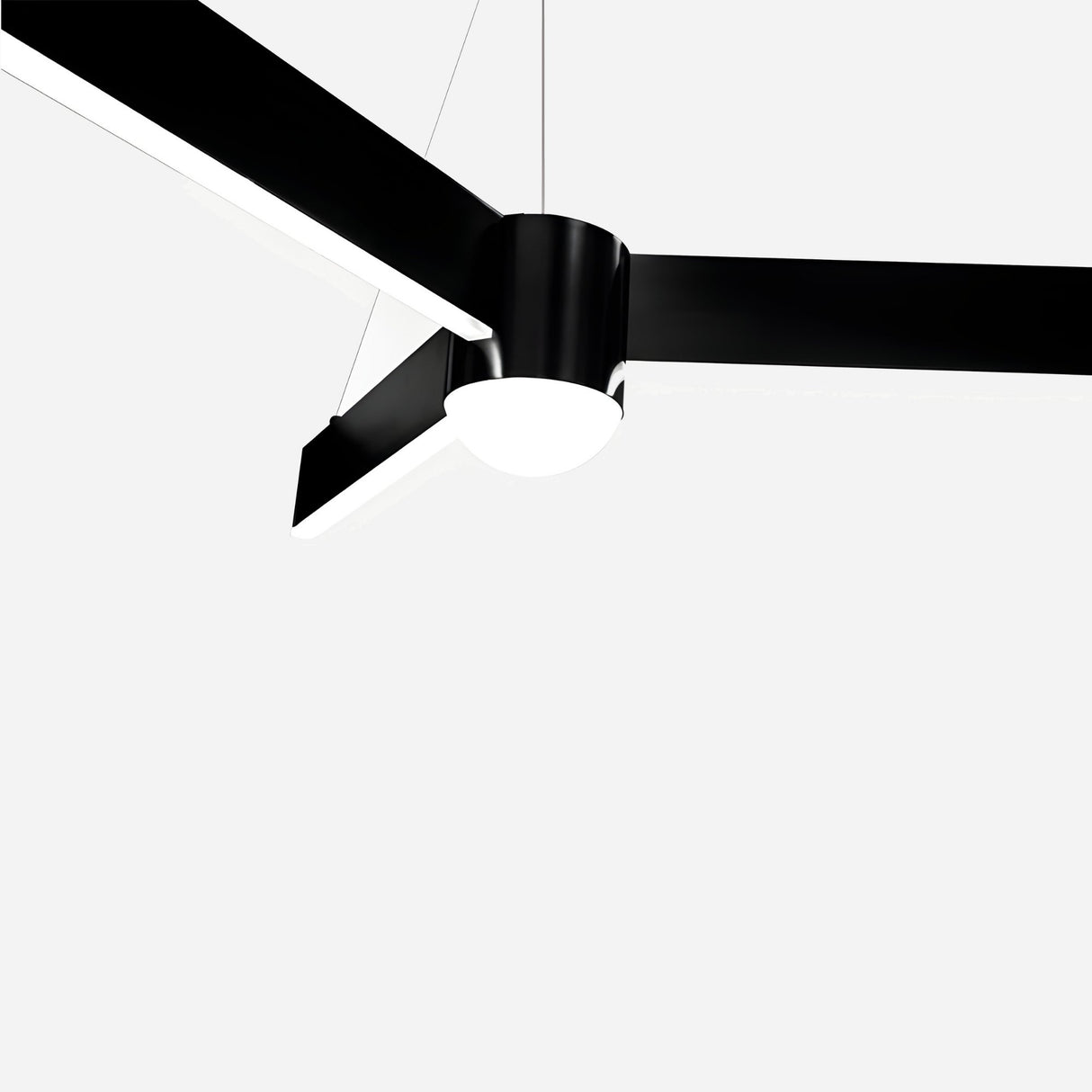 The Fritz LED Suspension Light - Black features a modern black design with three wide blades and a central LED light, suspended from the ceiling against a plain white background.