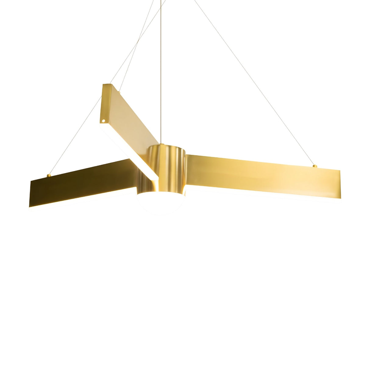 The Fritz LED Suspension Light in matte gold features three horizontal arms and a central round light, suspended by thin wires with adjustable height, all set against a white background.