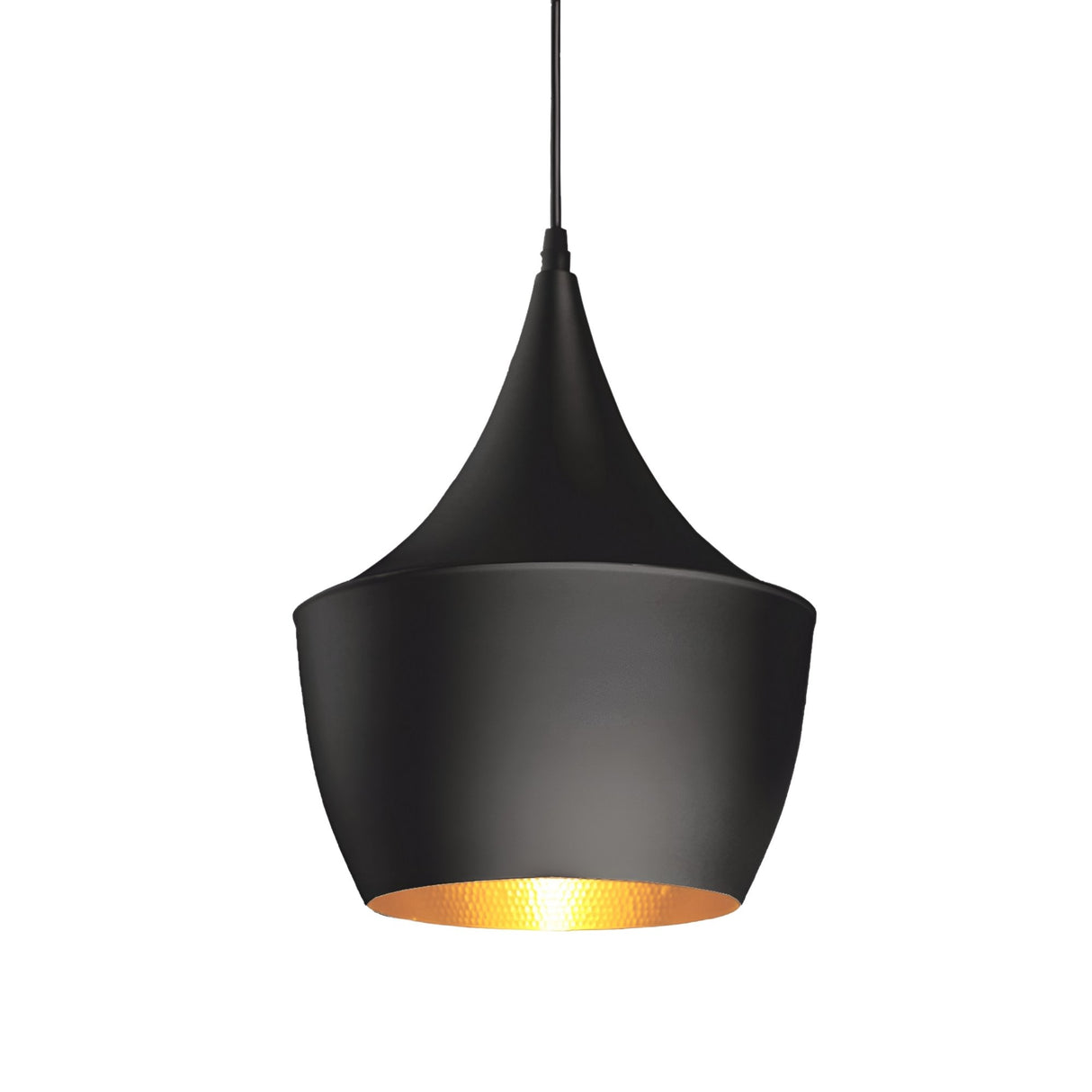 The Funk Fat Pendant Light - Black has a modern, tapered silhouette with a wide bottom and gold interior for a warm glow, hanging elegantly from a black cord for contemporary style.