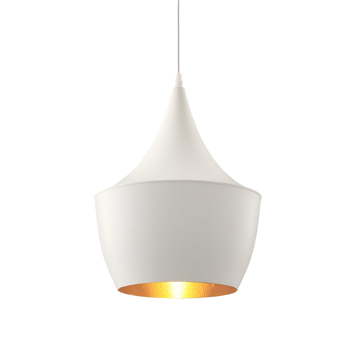 The Funk Fat Pendant Light - White features a minimalist design with a matte white exterior, gold-toned interior, and slim white cord—ideal for modern spaces seeking understated elegance.