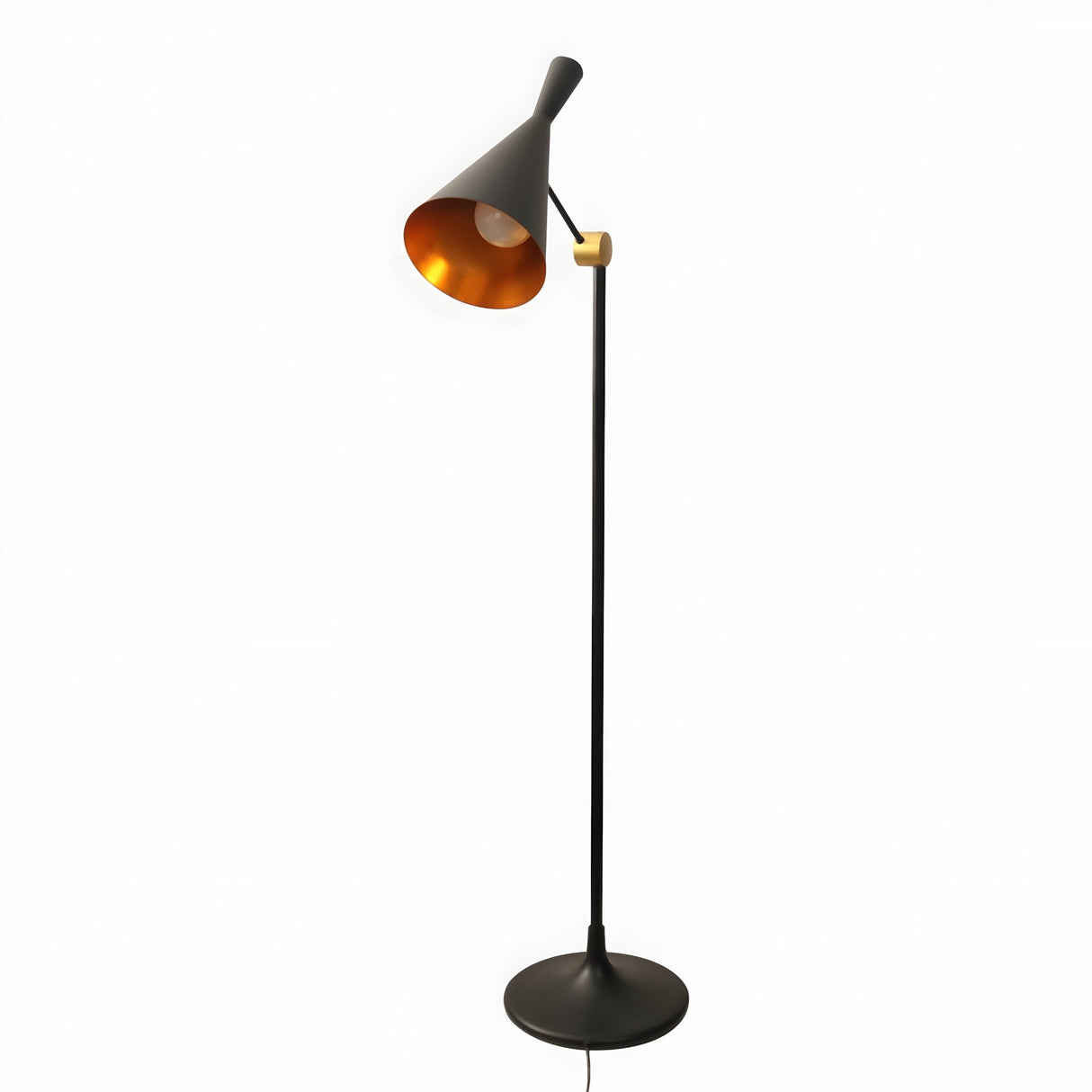 Funk Industrial Floor Lamp by Niori with matt black conical shade, gold interior, brass pivot joint and weighted disc base, on white.