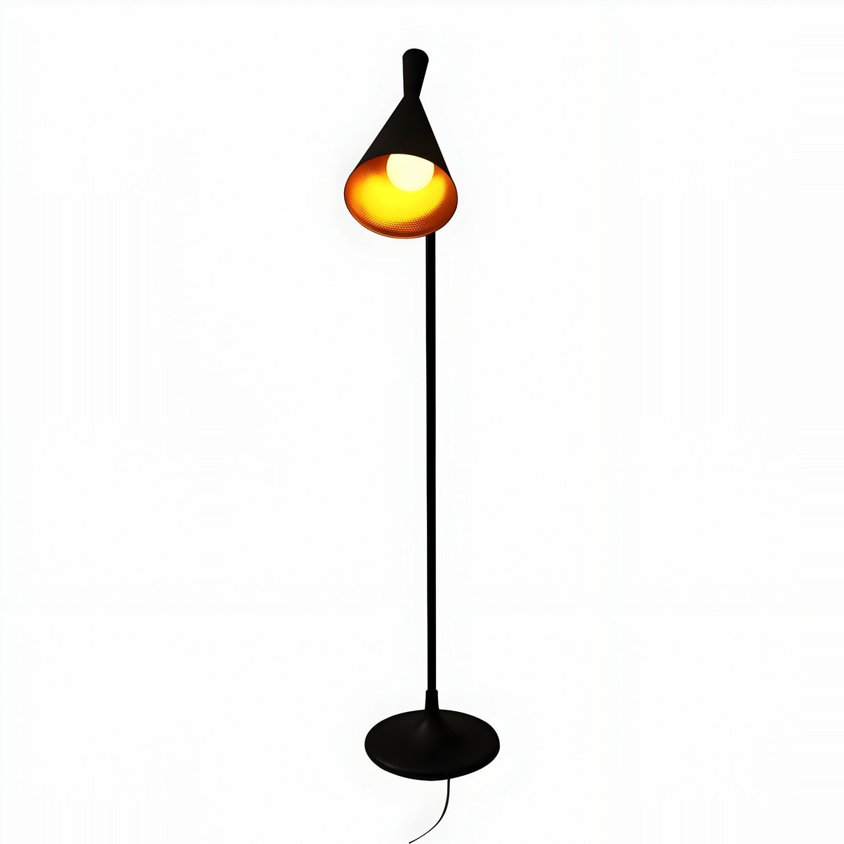 The Funk Floor Lamp - Black features a modern teardrop-shaped black shade with black and gold accents, emitting a warm glow from its round base. A visible cord extends from the base, all set against a plain white background.