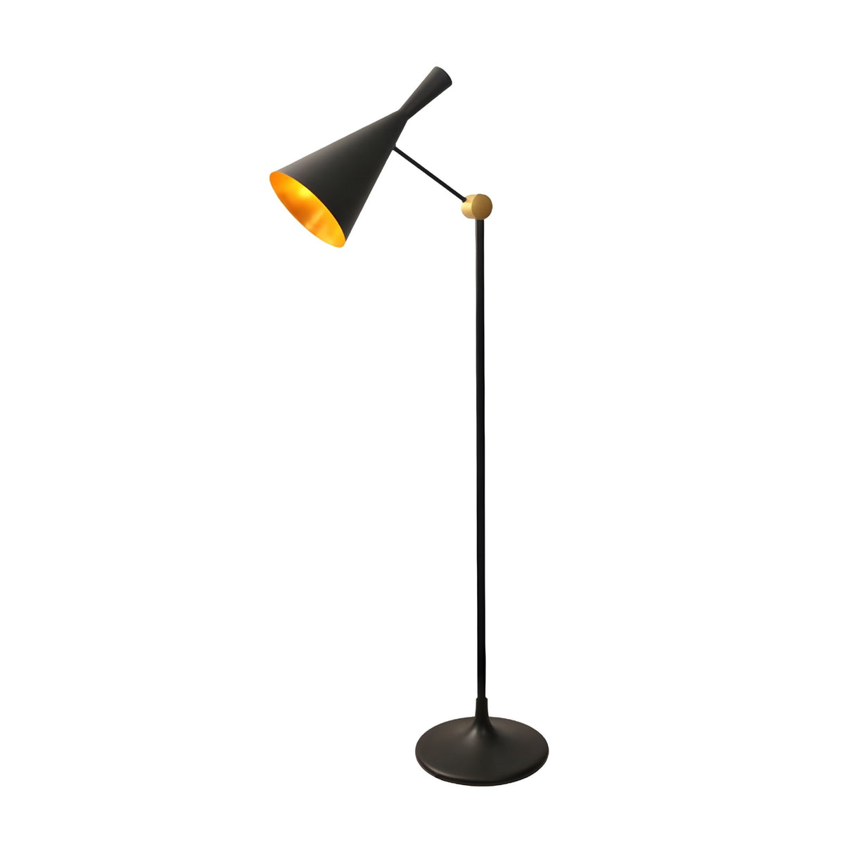 The Funk Floor Lamp - Black showcases modern elegance with its black and gold contrast, conical shade, slim pole, round base, and adjustable joint.