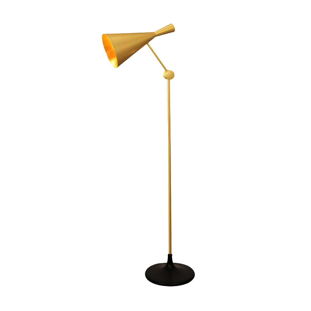 The Funk Floor Lamp - Brass features a gold conical shade, matching stand, and round black base, offering stylish ambient lighting; shown isolated on a white background.