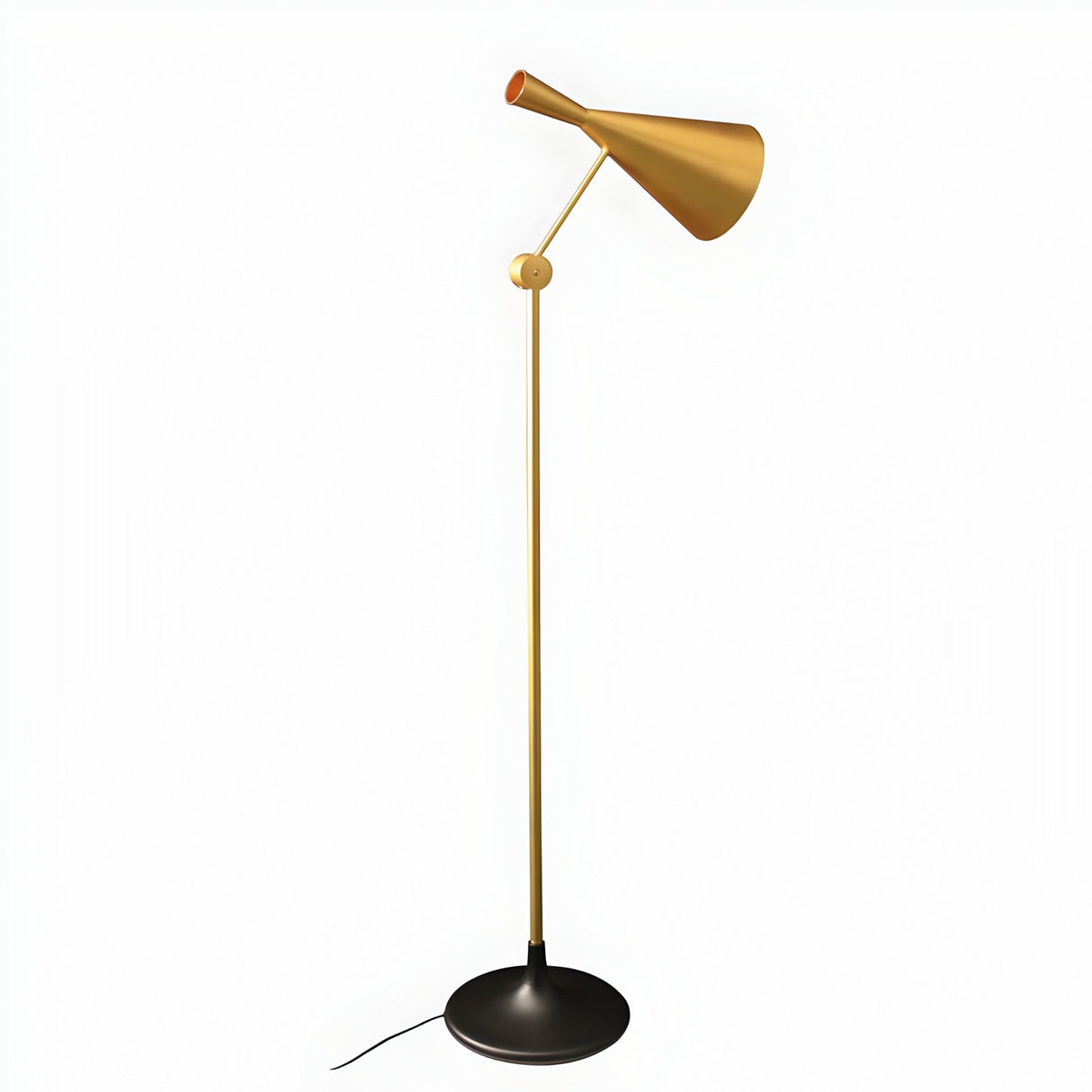 The Funk Floor Lamp - Brass features a slim gold stand, an angled cone shade, and a round black base, providing stylish ambient light against a plain white background.