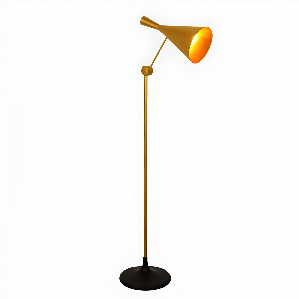The Funk Floor Lamp - Brass features a gold cone-shaped shade, slim stand, and round black base, shown against a plain white background.
