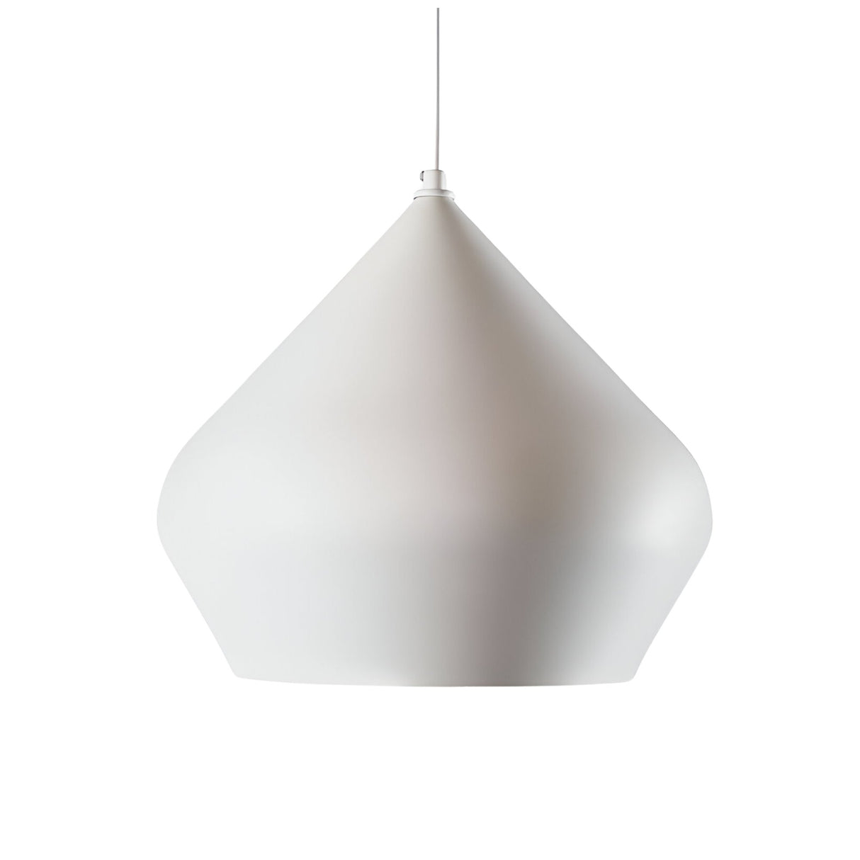 The Funk Stout Large Pendant Light - White features a modern matte finish, wide base tapering to a narrow top, and hangs from a thin white cord—an eye-catching choice for contemporary spaces.