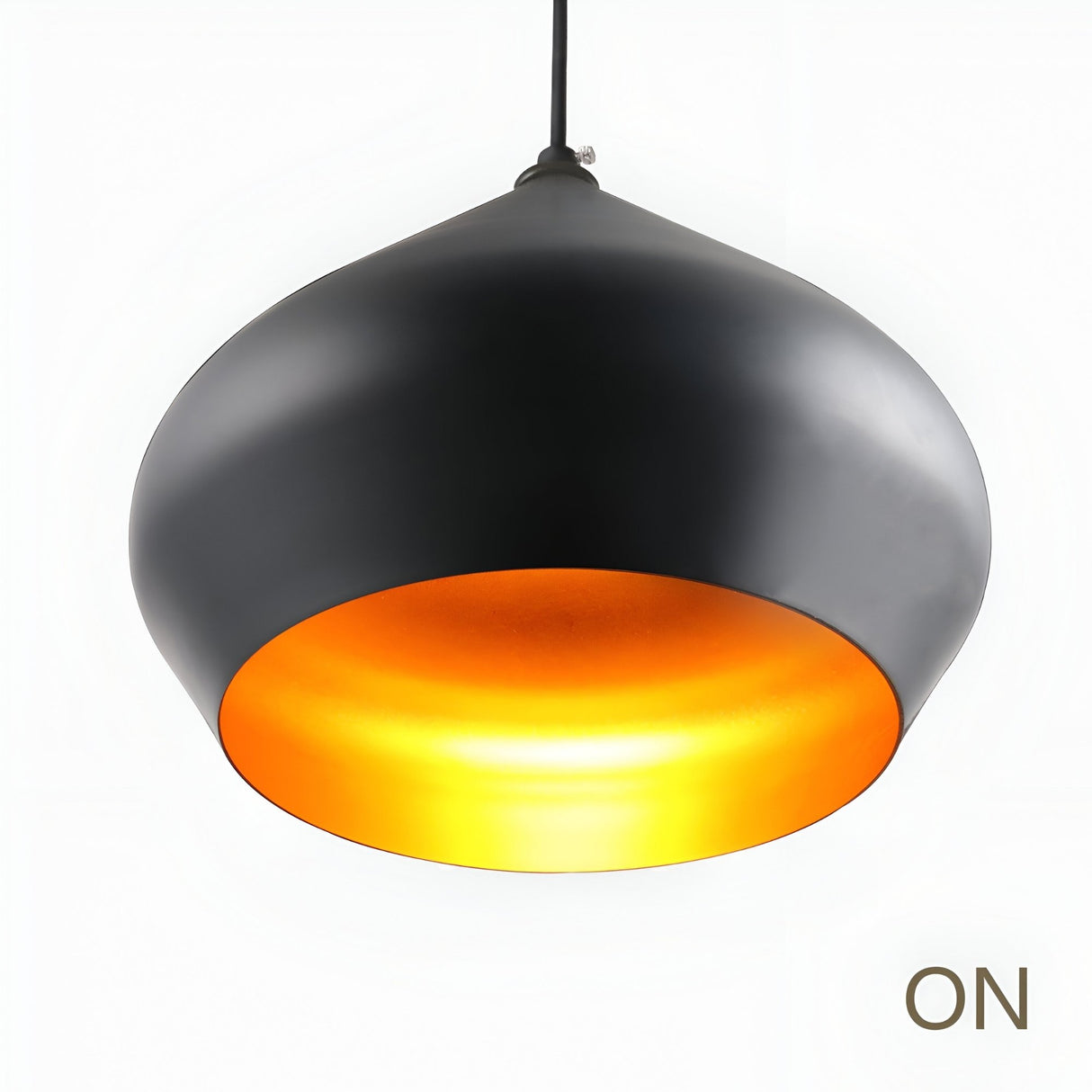 The Funk Stout Small Pendant Light - Black features a modern black and gold design with a golden interior that glows warmly, hanging from the ceiling against a white background. “ON” in the corner shows this stylish pendant is switched on.