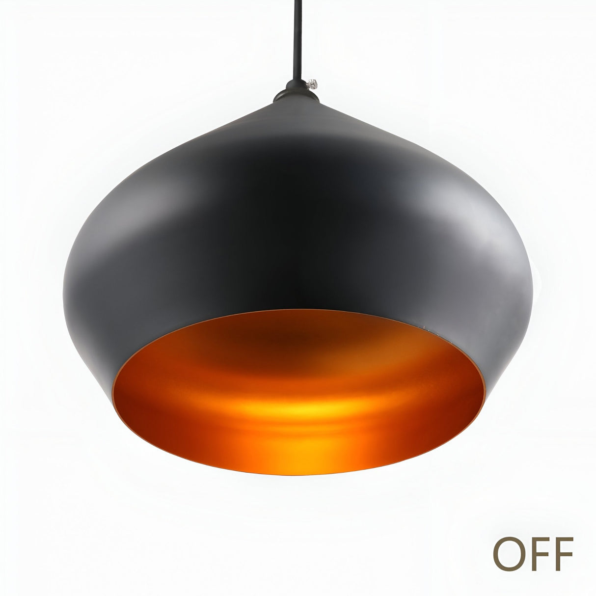 The Funk Stout Small Pendant Light - Black with a gold inner lining hangs from the ceiling, adding modern sophistication. The light is off, as shown by OFF in the bottom right corner.