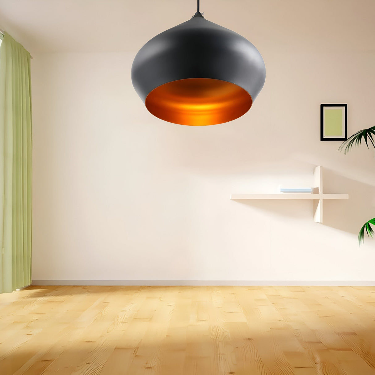 A modern, minimal living room with light wood floors, pale walls, green curtains, a Funk Stout Small Pendant Light - Black featuring an orange interior, a small wall shelf, framed picture, and potted plant completes the look.