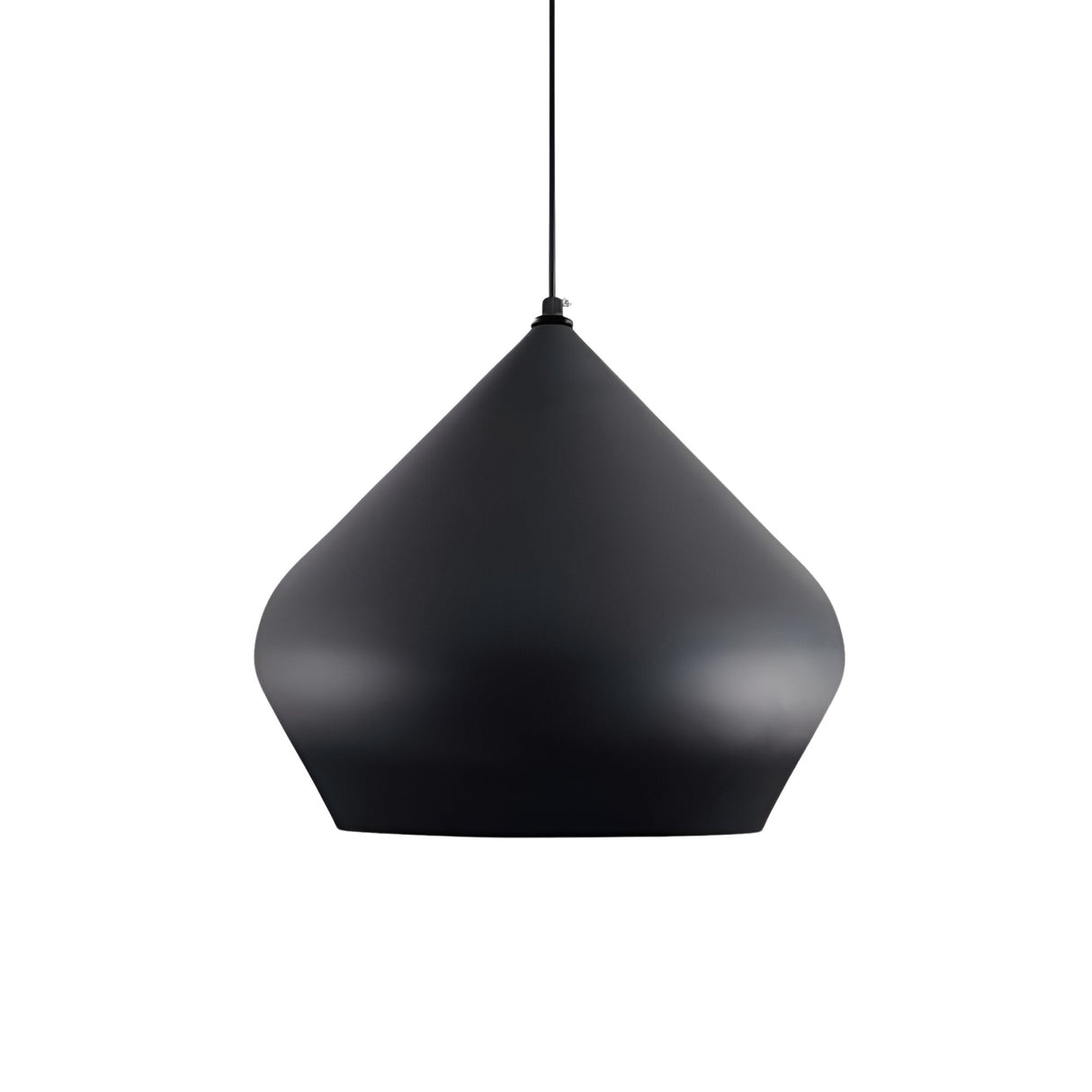 The Funk Stout Small Pendant Light - Black features a modern teardrop-shaped shade with a smooth, matte finish and gold accents, suspended from a thin black cord against a white background.