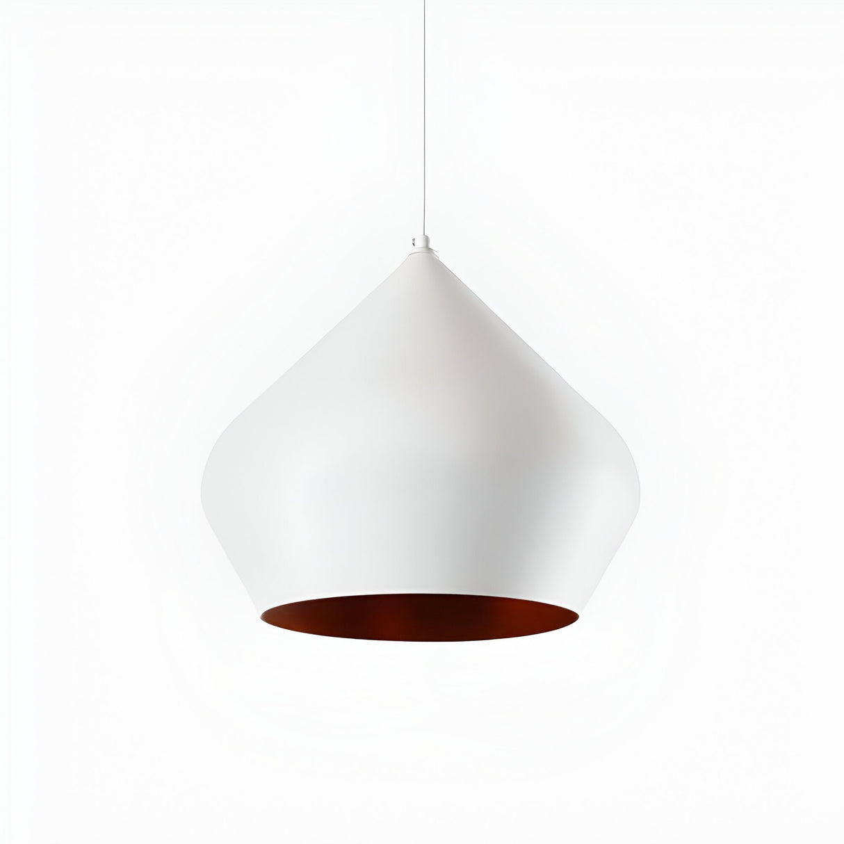 The Funk Stout Small Pendant Light - White features a modern teardrop shape with a smooth white exterior, dark interior, and thin white cord—ideal for minimalist spaces.