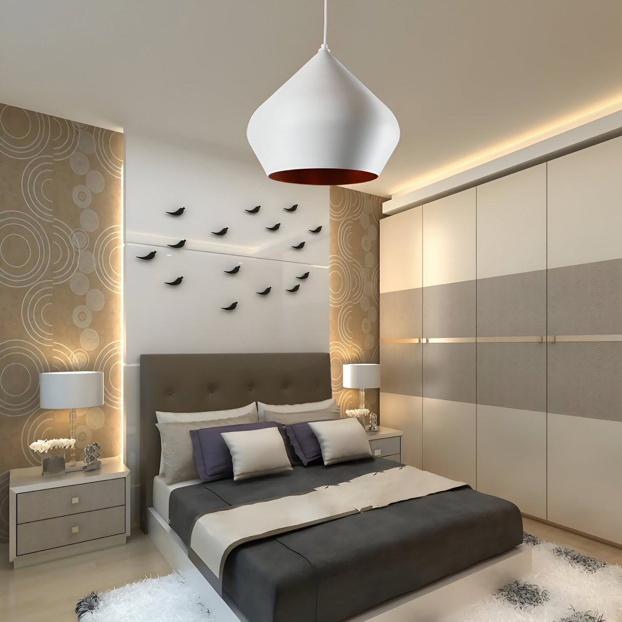 Modern bedroom featuring a gray bed, white and beige bedding, minimalist decor, two nightstands with lamps, flying birds wall art, patterned wallpaper, sliding closet doors, and a Funk Stout Small Pendant Light in white.
