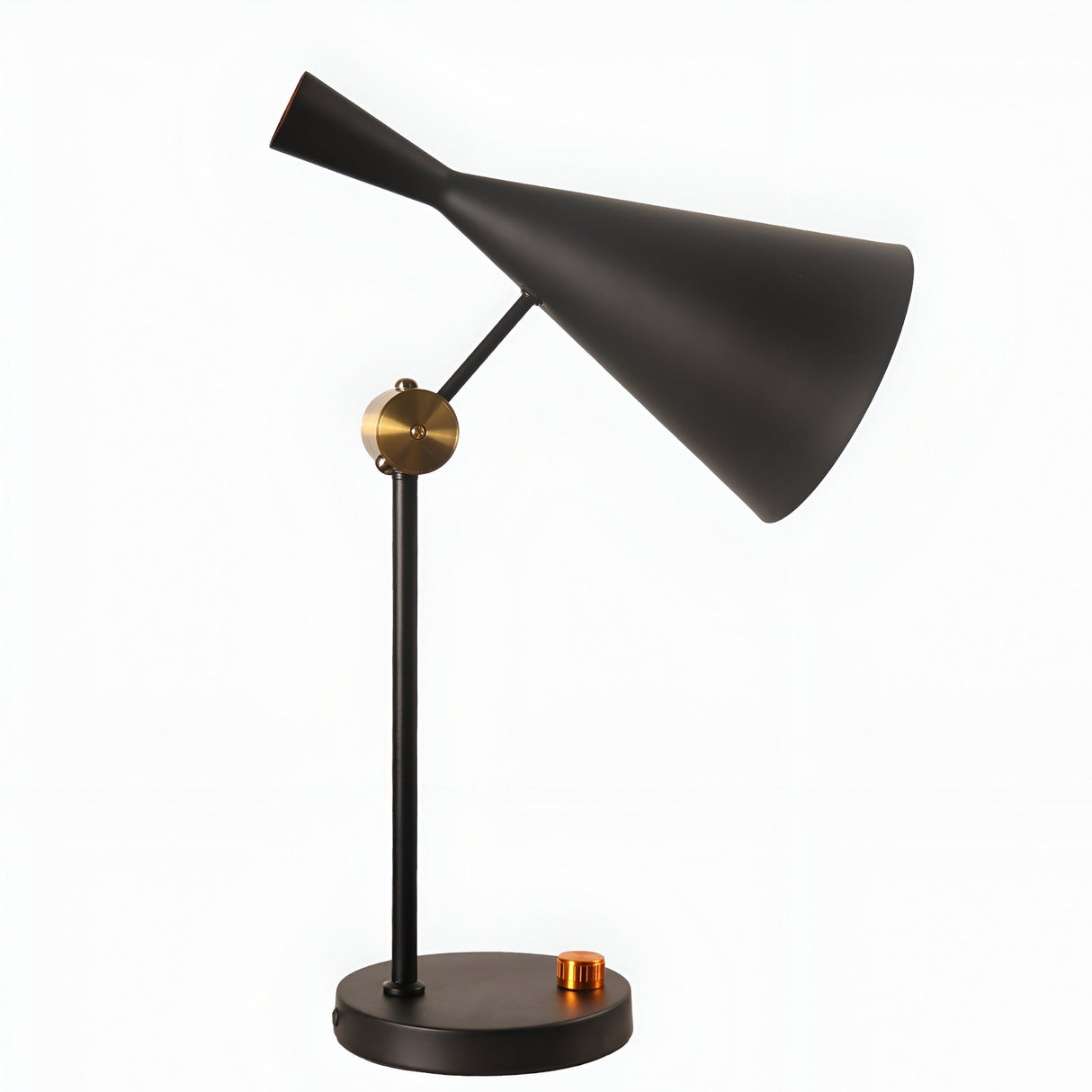 The Funk Table Lamp - Black features a modern design with a cone-shaped shade, an adjustable head, and gold accents at the joint and circular base, displayed against a plain white background.