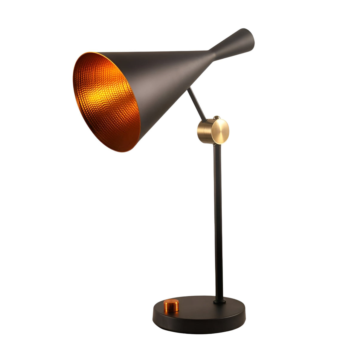 The Funk Table Lamp - Black features a modern design with a cone-shaped shade, copper-toned interior, gold joint accent, and round black base. Its adjustable head angles downward for focused lighting.