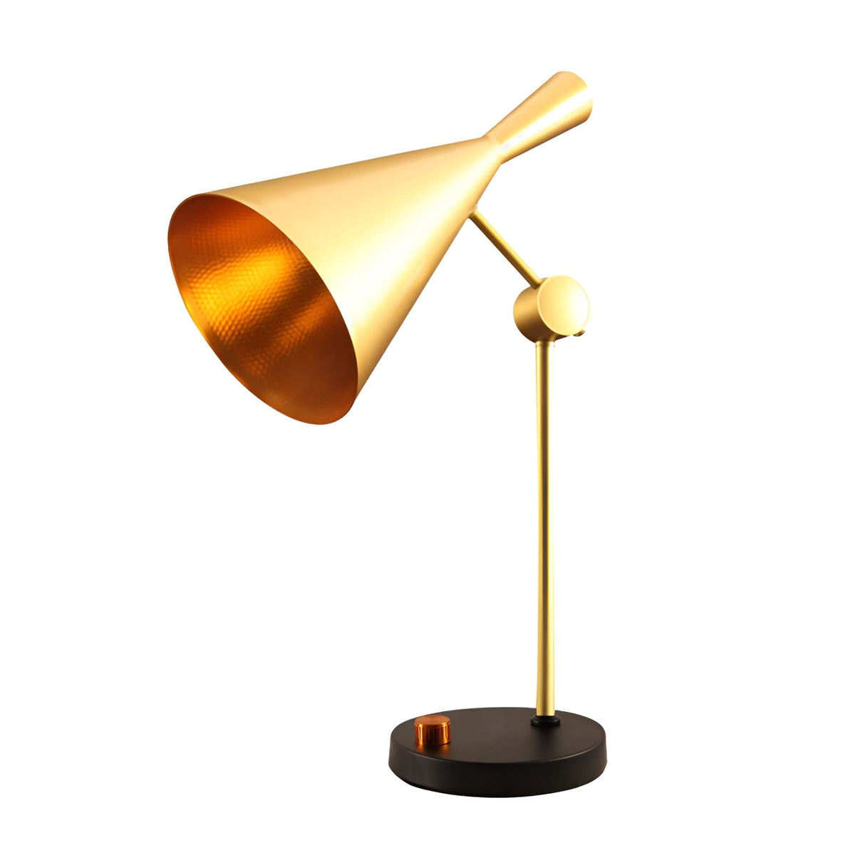 The Funk Table Lamp - Brass features a conical shade, slender vertical stand, and round black base, highlighting a minimalist design against a white background.