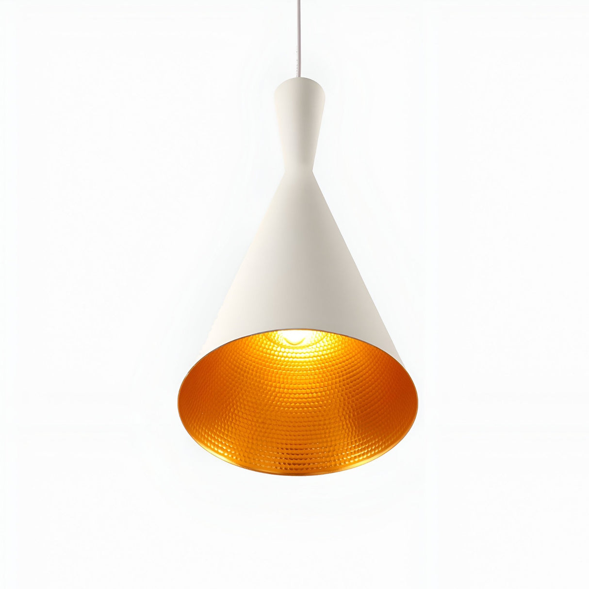 The Funk Tall Pendant Light - White features a sleek white conical exterior and warm gold interior, hanging from a white cord—ideal for Scandinavian-inspired or minimalist spaces.