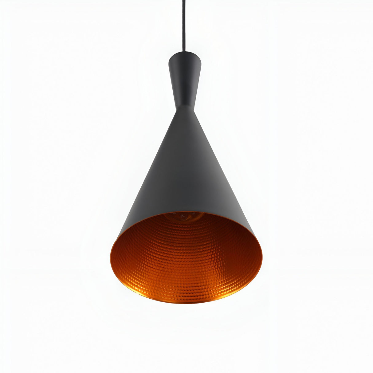 The Funk Tall Pendant Light - Black features a matte black metal cone exterior and textured copper interior, suspended by a black cord against a plain white backdrop. Ideal for adding modern style and lighting to any space.