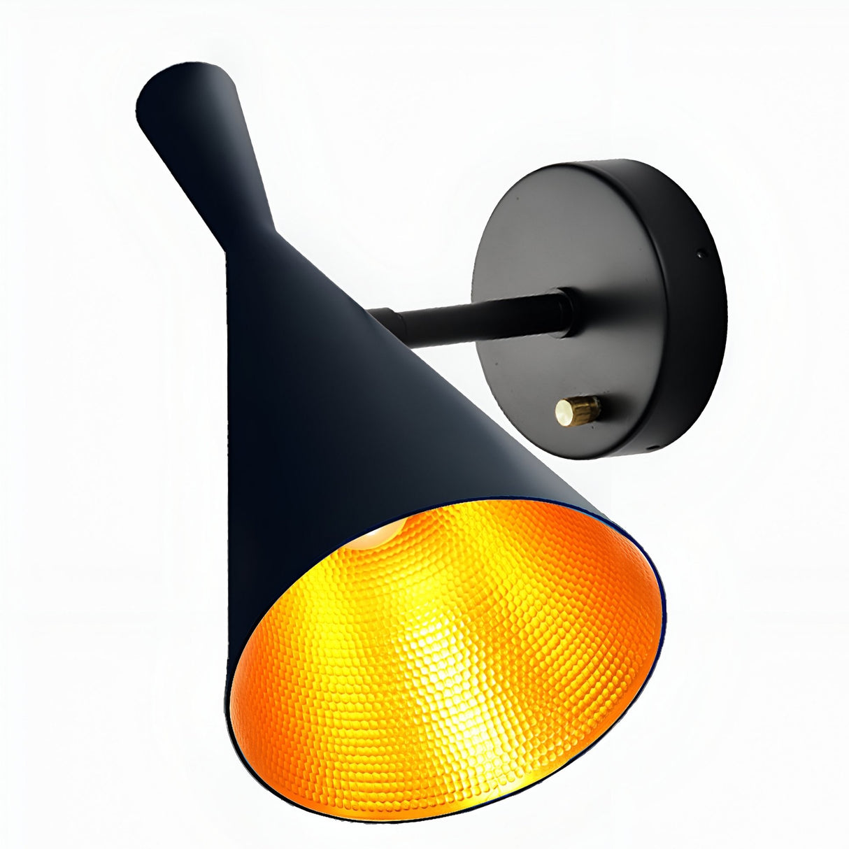 The Funk Wall Light - Black features a modern matte black cone-shaped shade with a textured golden interior, round backplate, and small brass switch, offering an inviting ambient glow.
