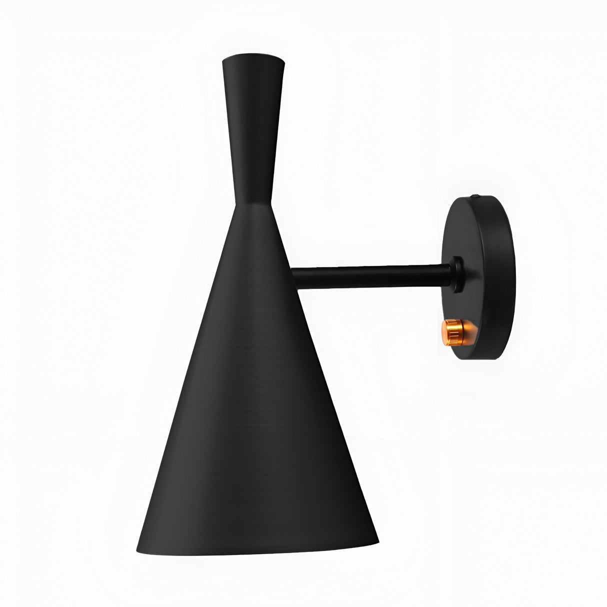 The Funk Wall Light - Black has a modern conical matte black shade on a round base with a brass adjustment knob, offering warm ambient lighting.