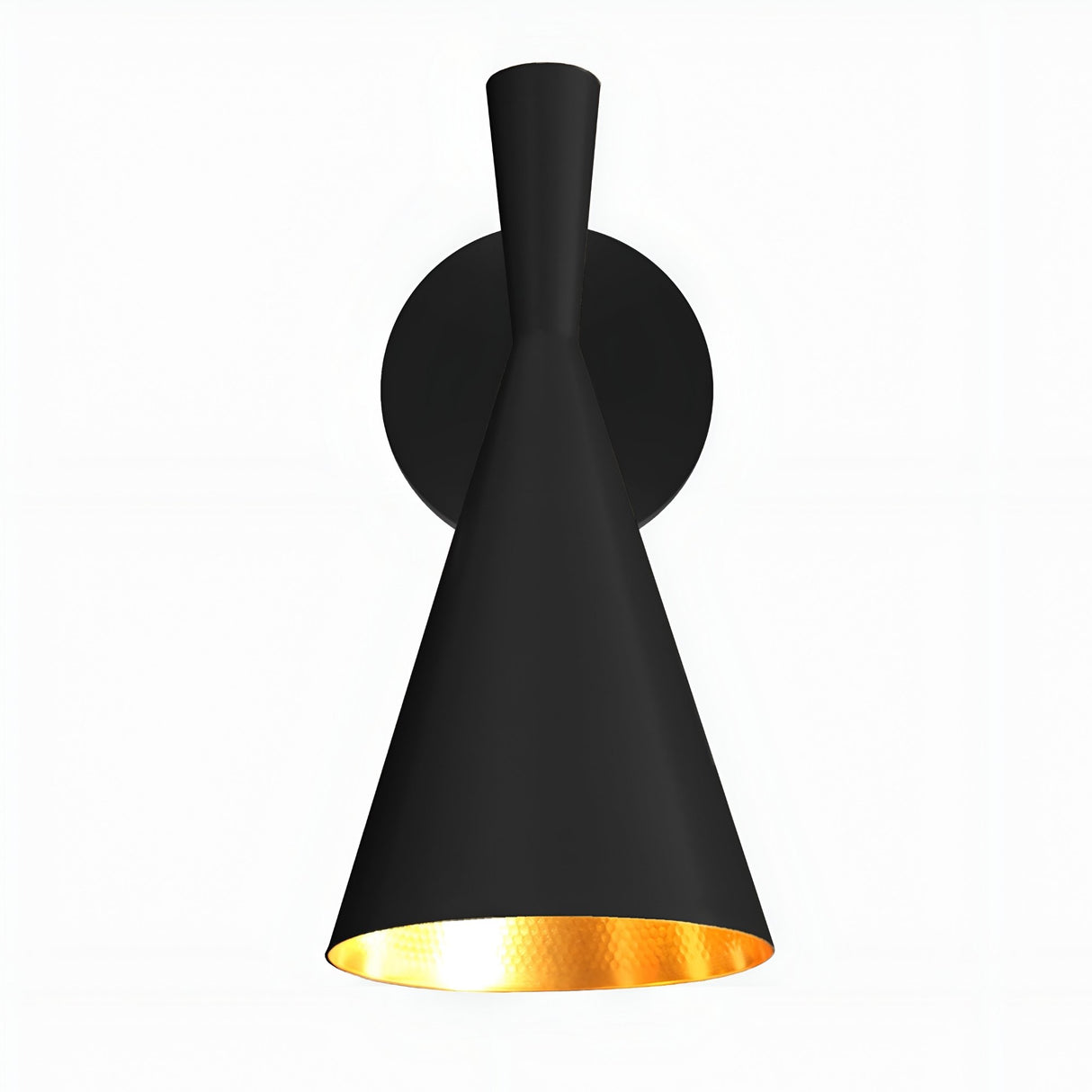 The Funk Wall Light - Black features a matte black conical shade, gold interior for an inviting glow, and a circular mount. Its sleek, minimalist design brings contemporary elegance to any space.