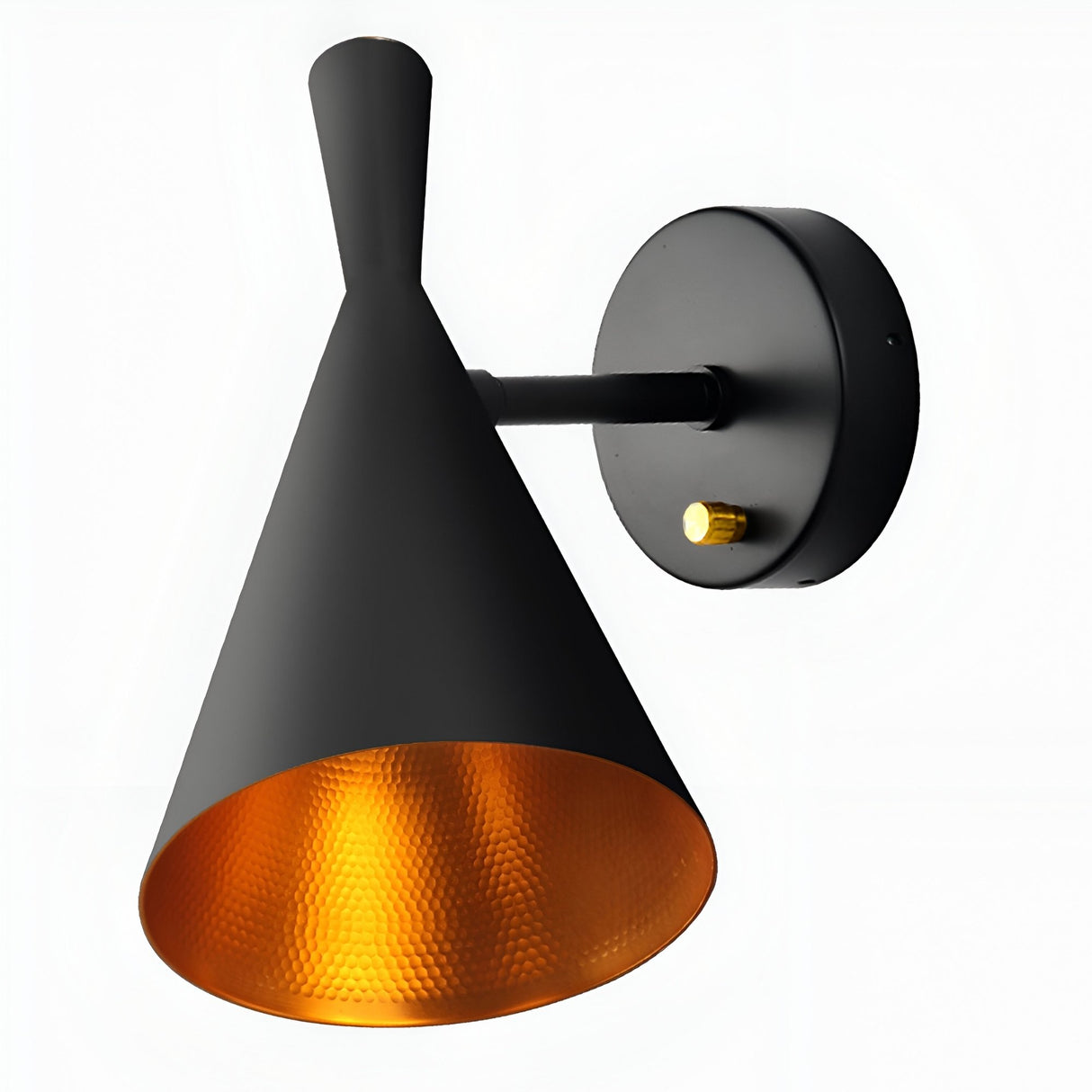 The Funk Wall Light - Black features a matte black conical shade and textured gold interior on a round black base with a gold knob, offering an inviting ambient glow.