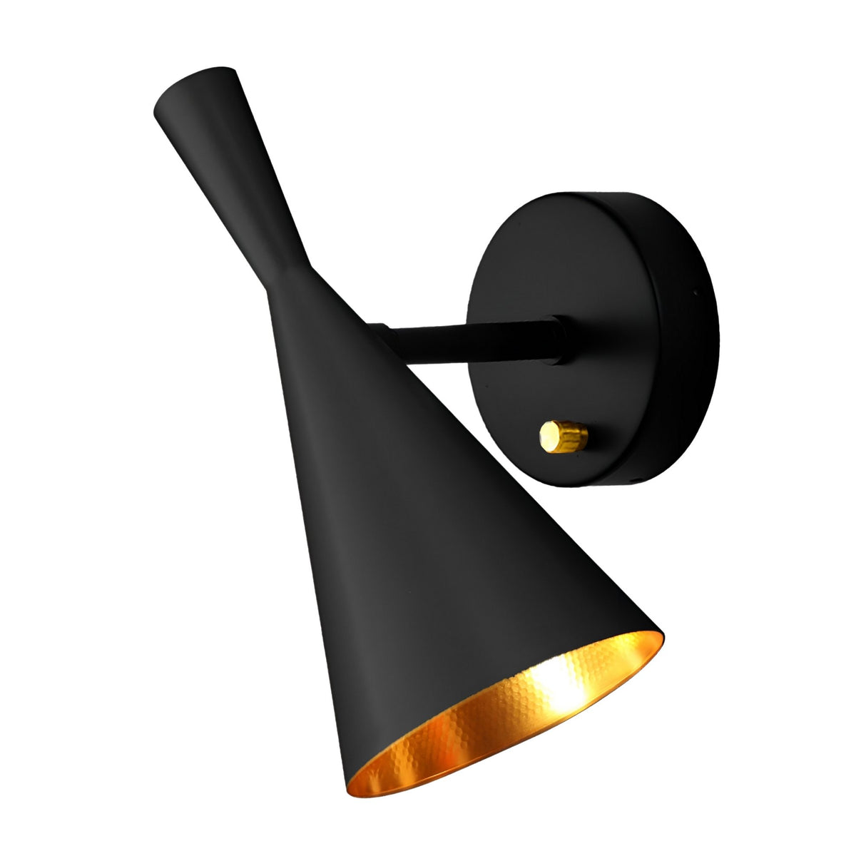 The Funk Wall Light - Black features a matte black conical shade with a gold interior, mounted on a round black base with a gold knob, adding an elegant ambient glow to any space.