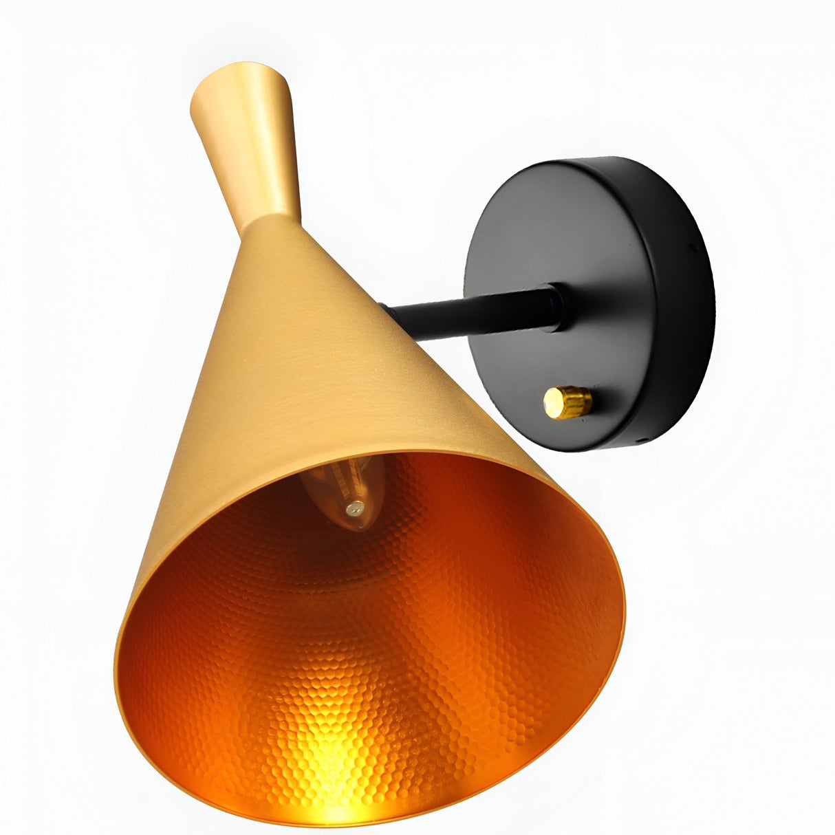 The Funk Wall Light - Gold features a modern design with a matte black base and a cone-shaped metallic gold shade with a textured inner surface.