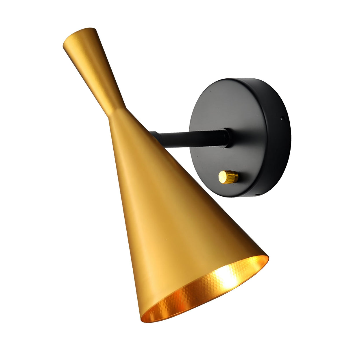 The Funk Wall Light - Gold features a matte black round base and an angled gold cone-shaped shade, creating warm ambient lighting as an elegant décor accent for any modern space.