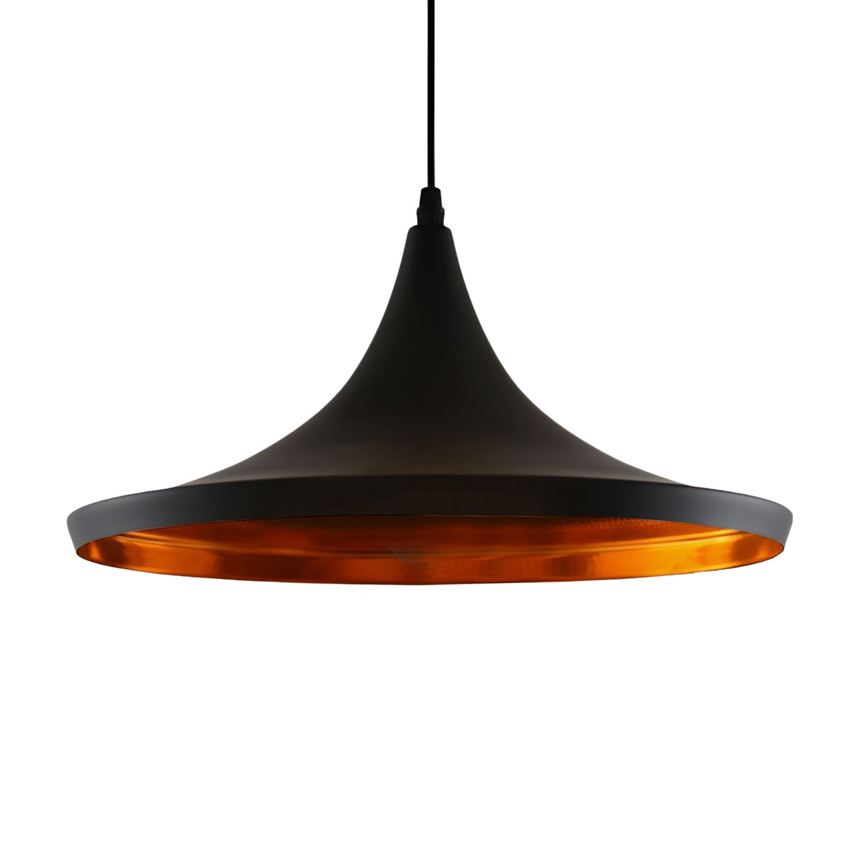 The Funk Wide Pendant Light - Black features a matte black exterior, a wide shallow cone shape, and a golden interior for a warm glow. It hangs from a black cord and stands out beautifully against a white background.