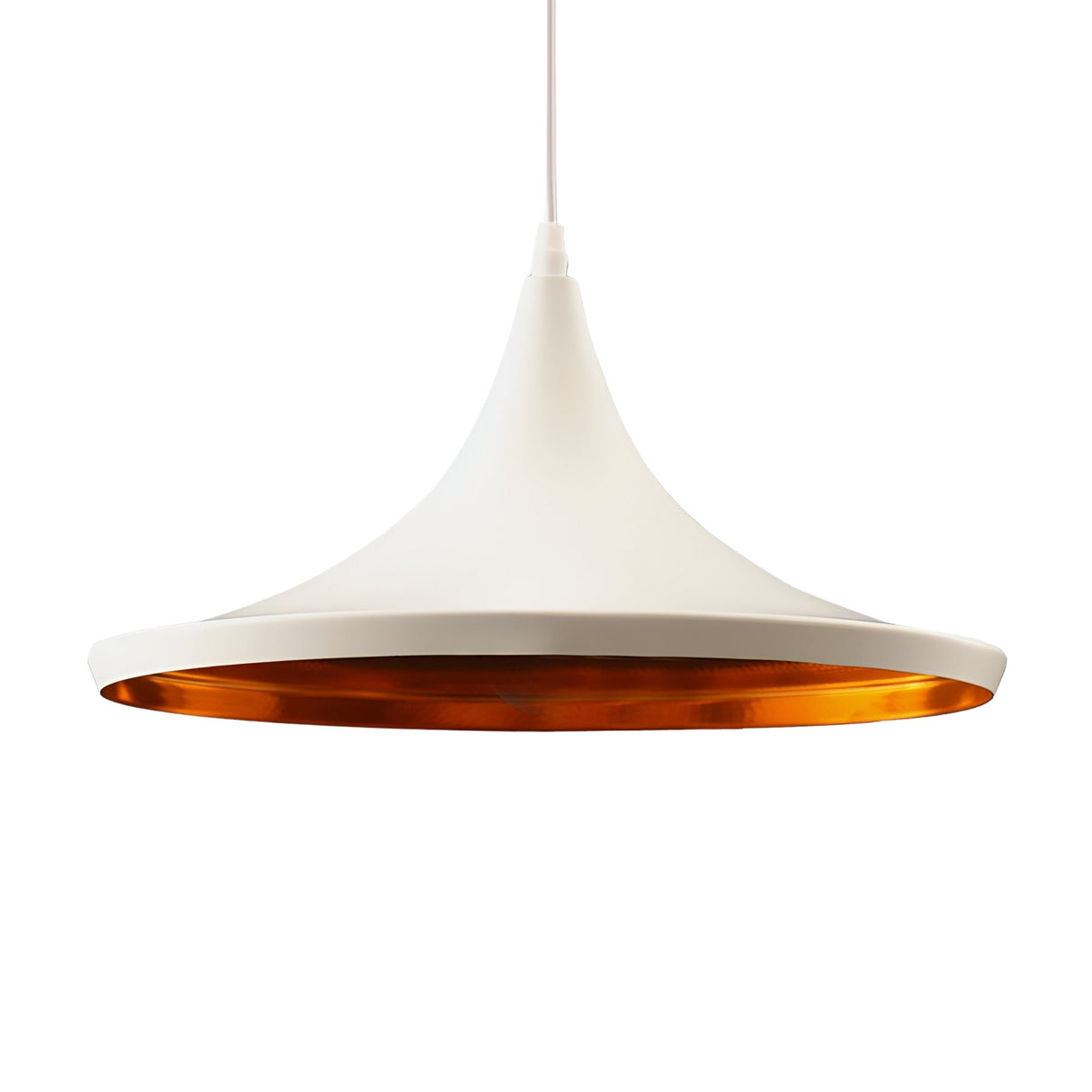 The Funk Wide Pendant Light - White features a smooth white exterior, a warm gold interior, and hangs from a white cord, highlighting modern style against a simple backdrop.