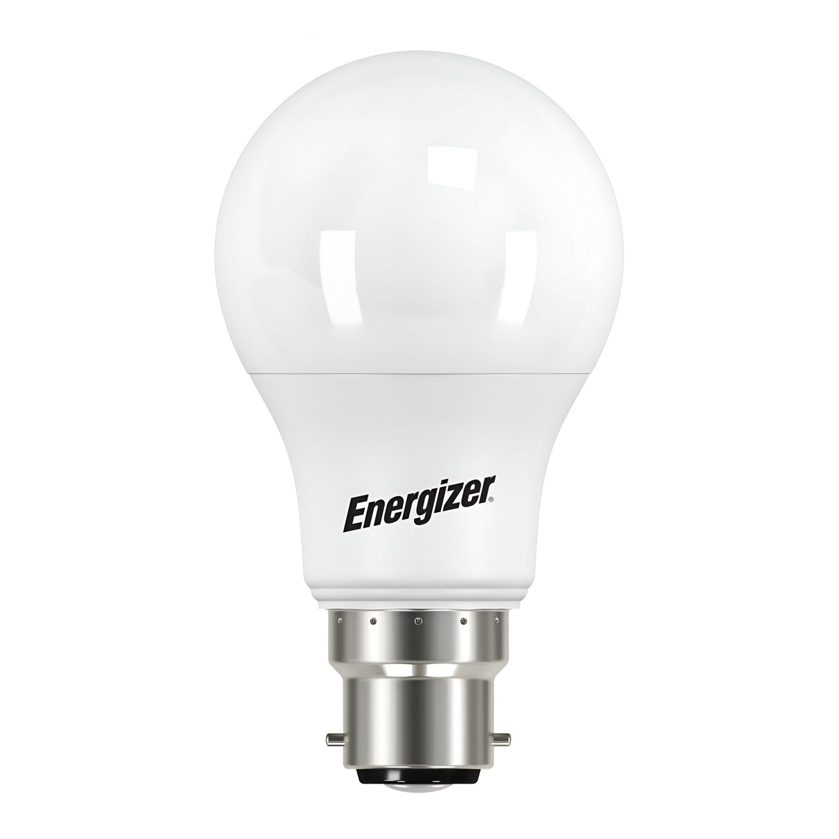 A white Energizer 9W LED bulb with a round top and metallic B22 base is showcased. It comes with RGB+W features and includes a remote control to create a customizable ambiance. The background is plain white.