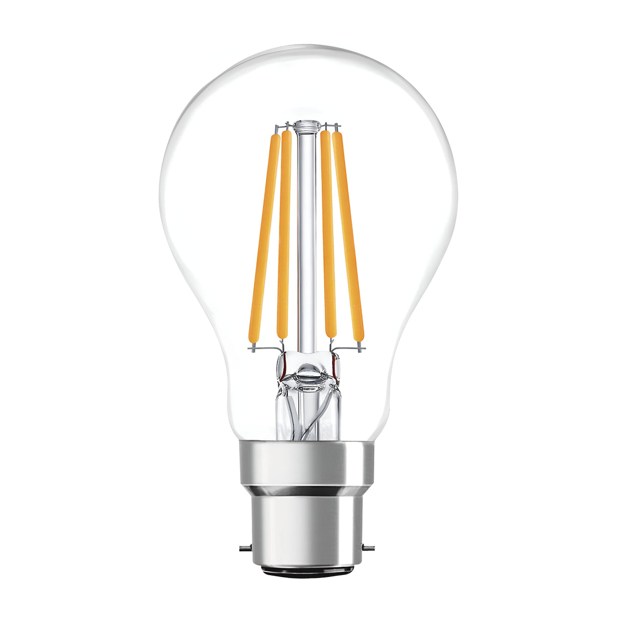 The Eveready 8W Non-Dimmable LED GLS Filament Bulb in Warm White, featuring a B22 base and a color temperature of 2700K, emits a gentle warm white light from its visible orange filaments enclosed within its clear glass. While it resembles a classic incandescent bulb, it utilizes contemporary LED technology to provide 50 lumens of brightness.