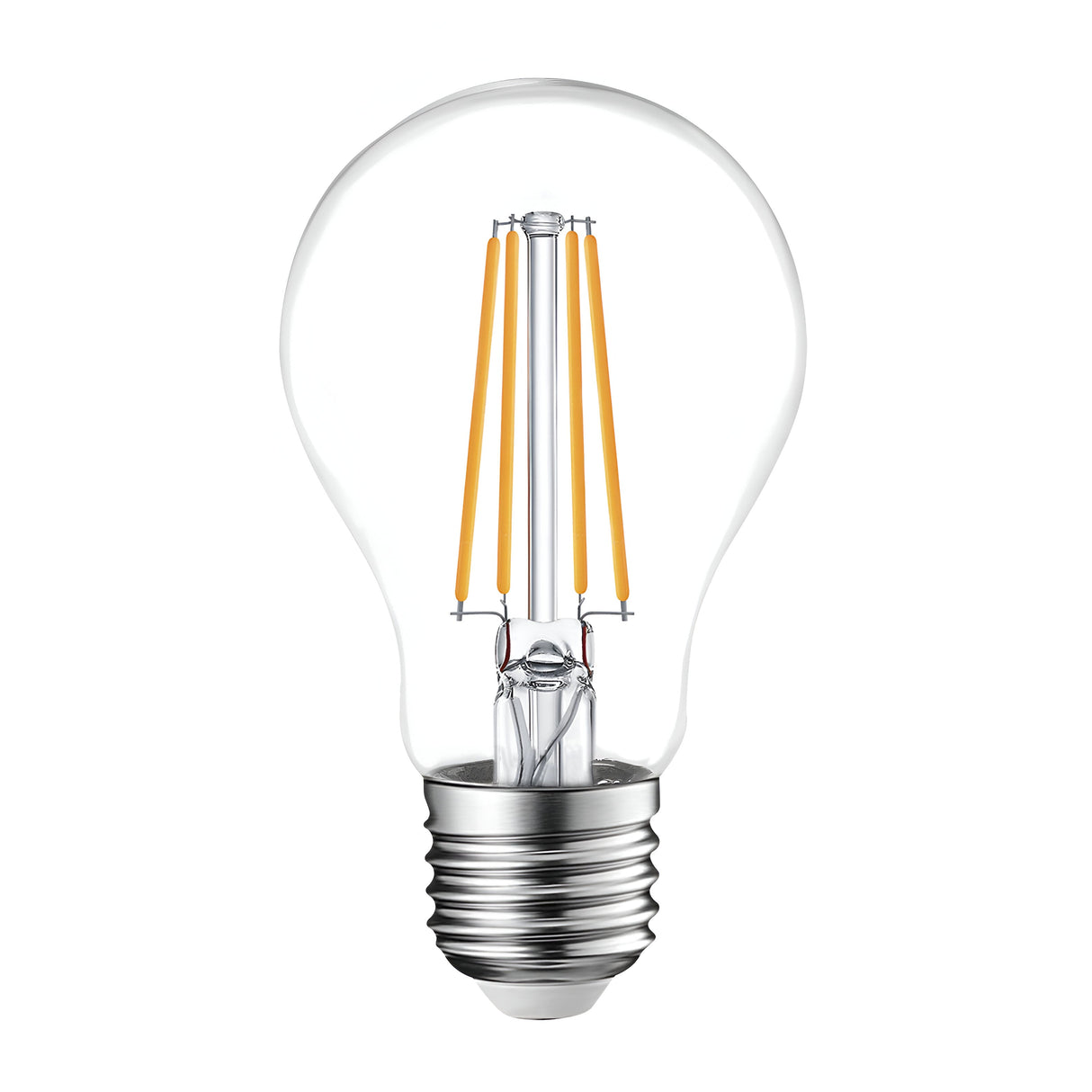 A non-dimmable Eveready 8W LED GLS filament bulb is shown against a white backdrop. It emits a warm white glow with its clear glass exterior, revealing the yellow-orange filaments inside. The bulb provides a brightness of 1,050 lumens with an E27 metallic screw base at the bottom and has a color temperature of 2700K.
