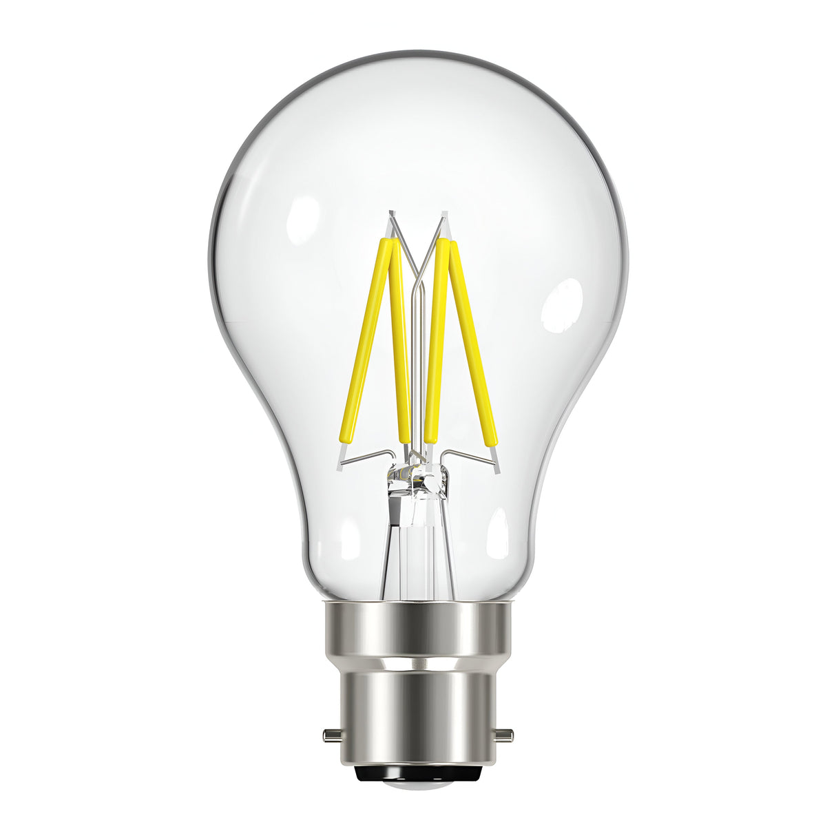 The Energizer 4W Non-Dimmable LED GLS Filament Bulb in Warm White with a B22 base and 2700K color temperature highlights its internal yellow filament design against a white background, providing energy-efficient lighting for those looking to create a warm white light ambiance.