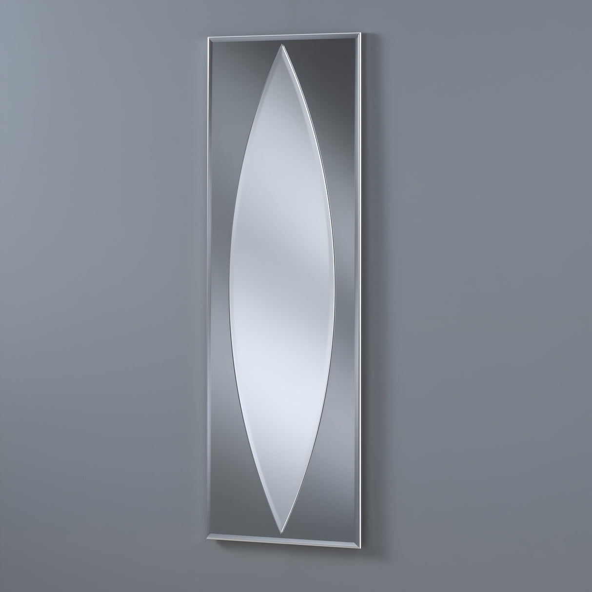 The Calyssa Rectangle Wall Mirror, measuring 136x44cm in grey, elegantly combines a sleek, elongated oval shape with a metallic rectangular frame against contemporary decor.