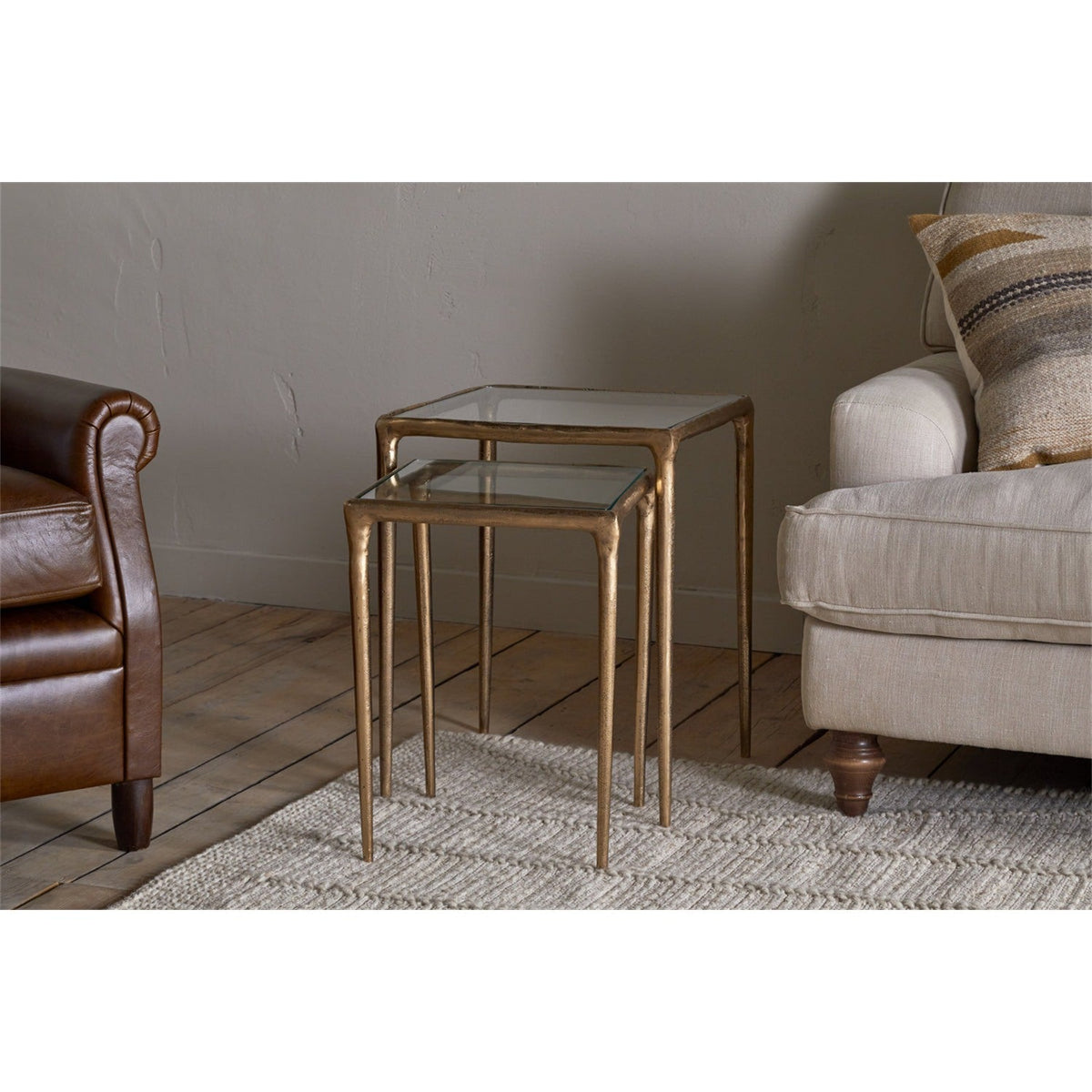 Gilasi Glass Top Nest of 2 Side Tables - Antique Brass