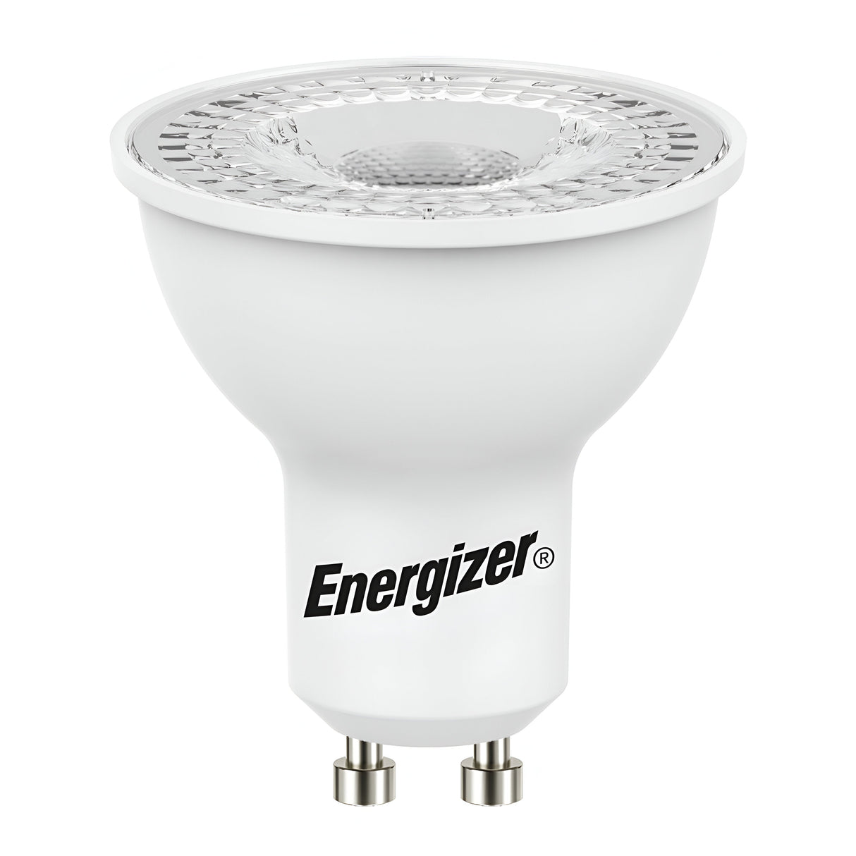 Photo of an Energizer 4.2W GU10 Non-Dimmable LED bulb from a 2-pack, showcasing a white finish with a textured surface around the light-emitting area. This bulb provides energy efficiency and emits warm white light at 3000K, with "Energizer" printed in black on the side.