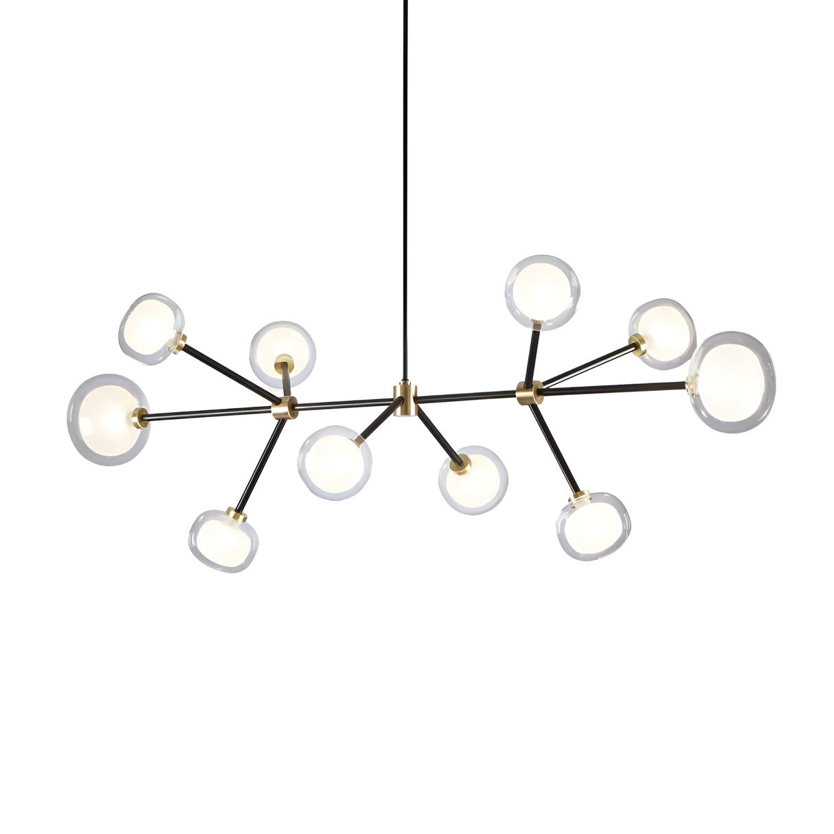 The Galaxy 10 Light Chandelier - Black & White features a black central rod with multiple arms, each ending in a round, clear glass light. Its warm white bulbs add celestial elegance and geometric style to any room.
