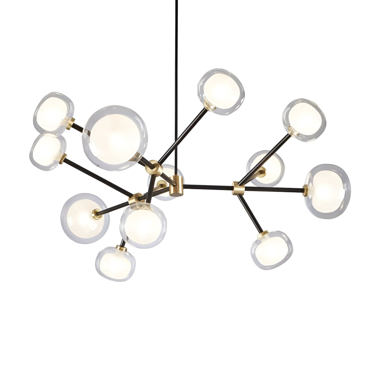 The Galaxy 12 Light Chandelier - Black & White features multiple black metal arms ending in clear glass globes with glowing white centers, creating a bubble-like effect and offering an adjustable length for versatile installation.