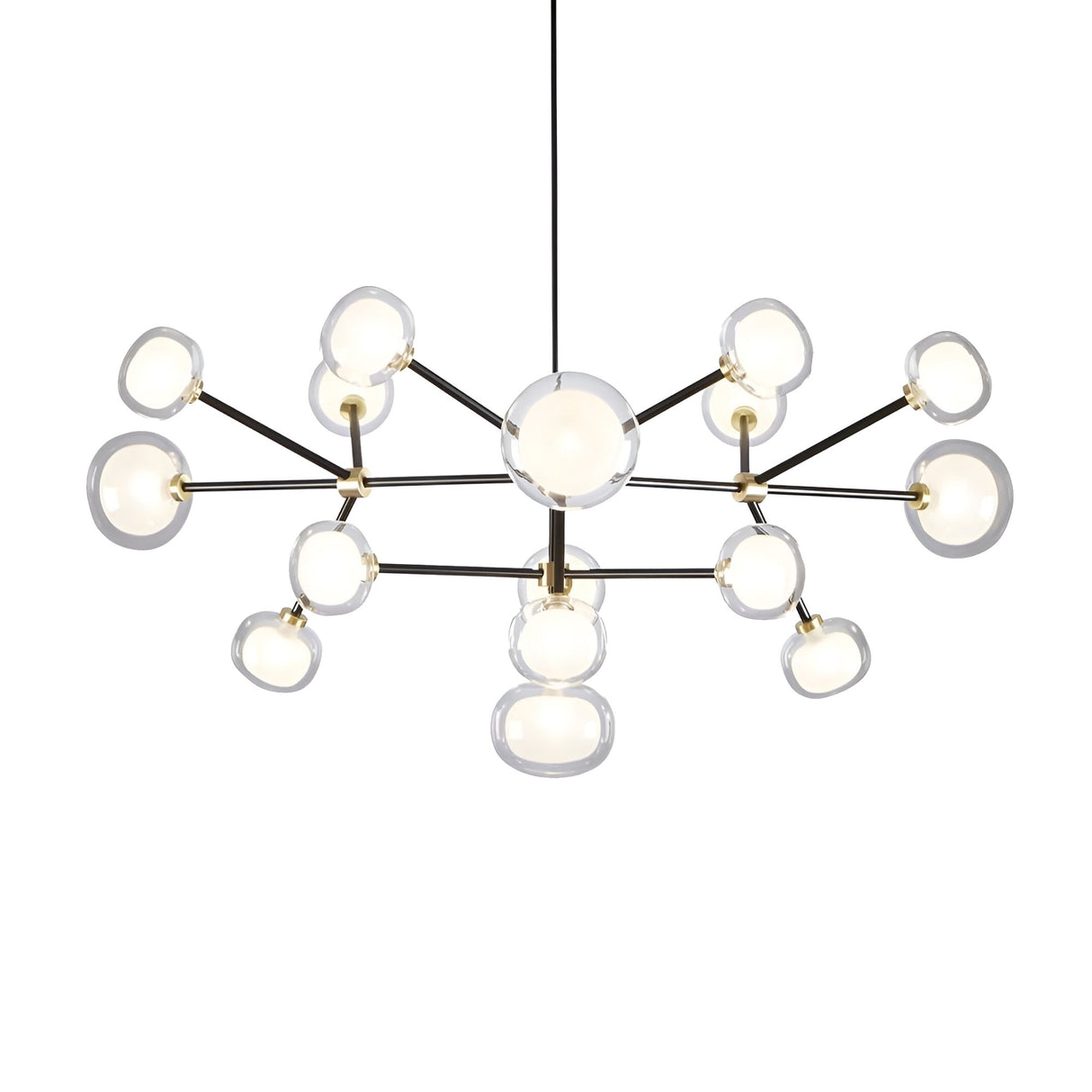 The Galaxy 16 Light Chandelier - Black & White showcases multiple black arms with round frosted glass bulbs in a starburst design, creating a striking retro look and hanging elegantly from the ceiling by a single cable.