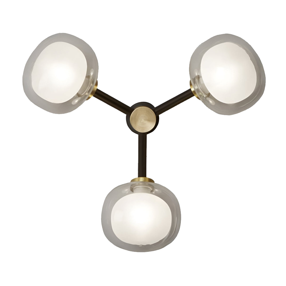 The Galaxy 3 Light Ceiling/Wall Light in Black & White features three black arms with brass accents forming a triangle, each ending in a round frosted globe—blending retro style and modern elegance.