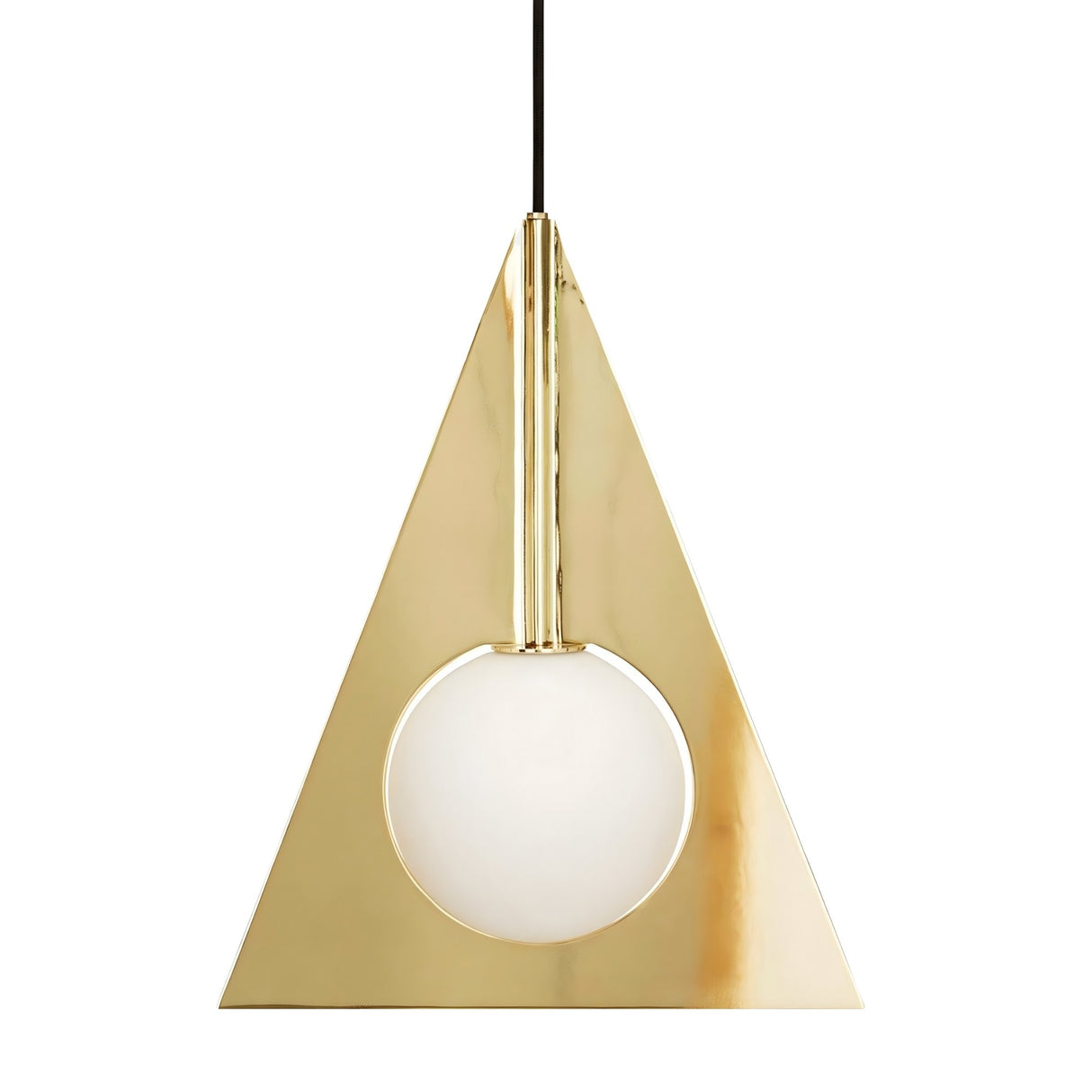 The Ex-Display Gatsby Triangle Pendant Light - Gold features a minimalist gold-plated steel triangular frame with a central white frosted glass globe, suspended from a black cord.