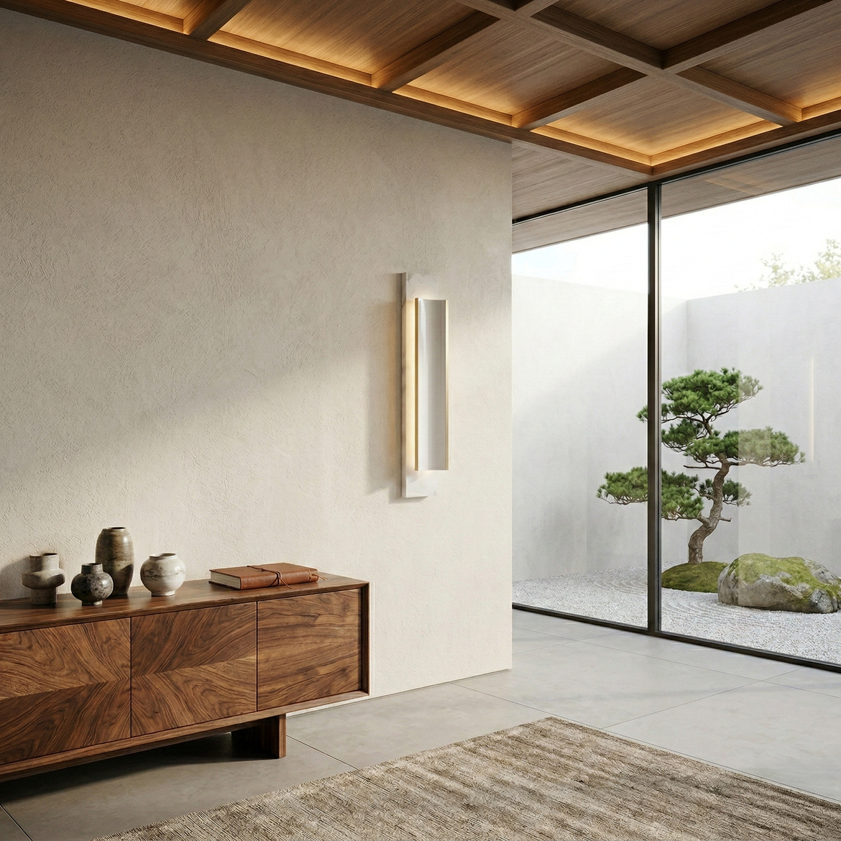 A minimal, modern room features a wooden sideboard, decorative vases, textured rug, and large windows facing a zen garden. The Velorin LED Small Compact Alabaster Wall Light in Soft White & Brass adds warmth to the space’s wood ceiling panels.