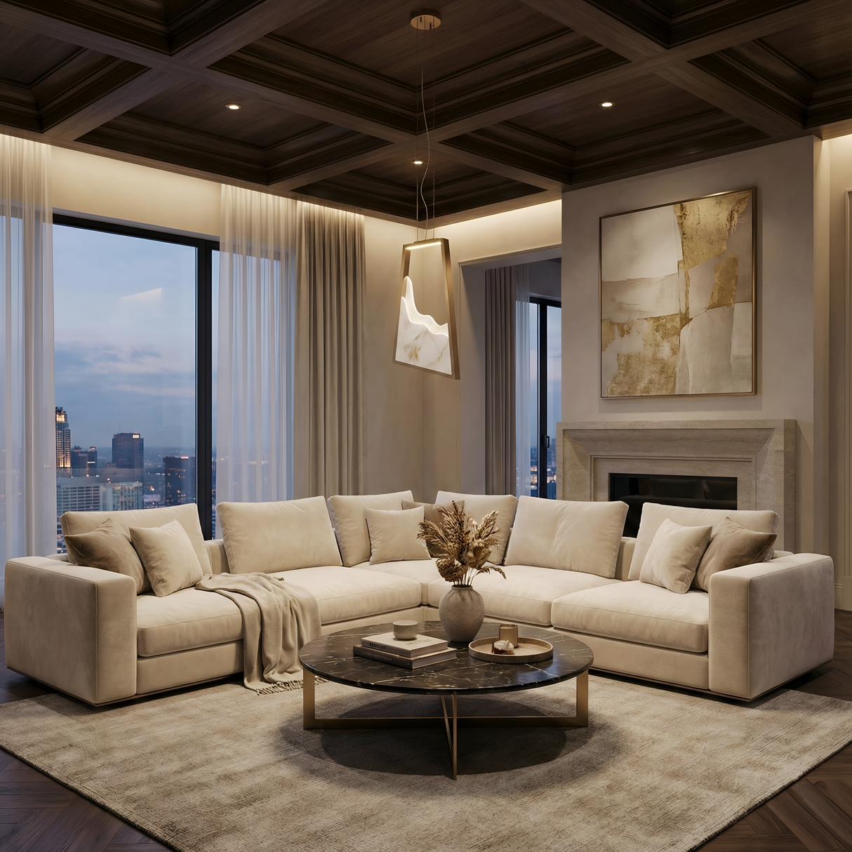 Niori Atria LED alabaster single pendant in brushed brass hangs over a cream sectional and round black marble table in a living room with city views.
