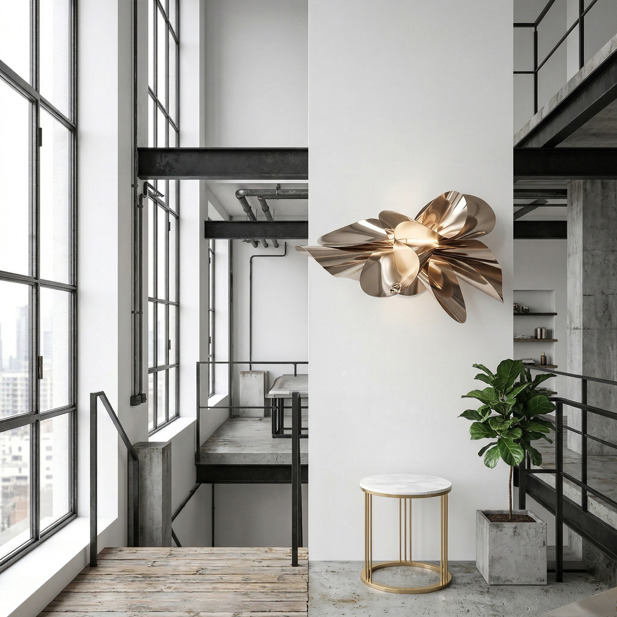 A modern loft interior with large windows, a metal wall sculpture, a Circulael 45cm Alabaster Coffee Table – Brushed Brass, a potted plant, and industrial-style railings with exposed pipes.