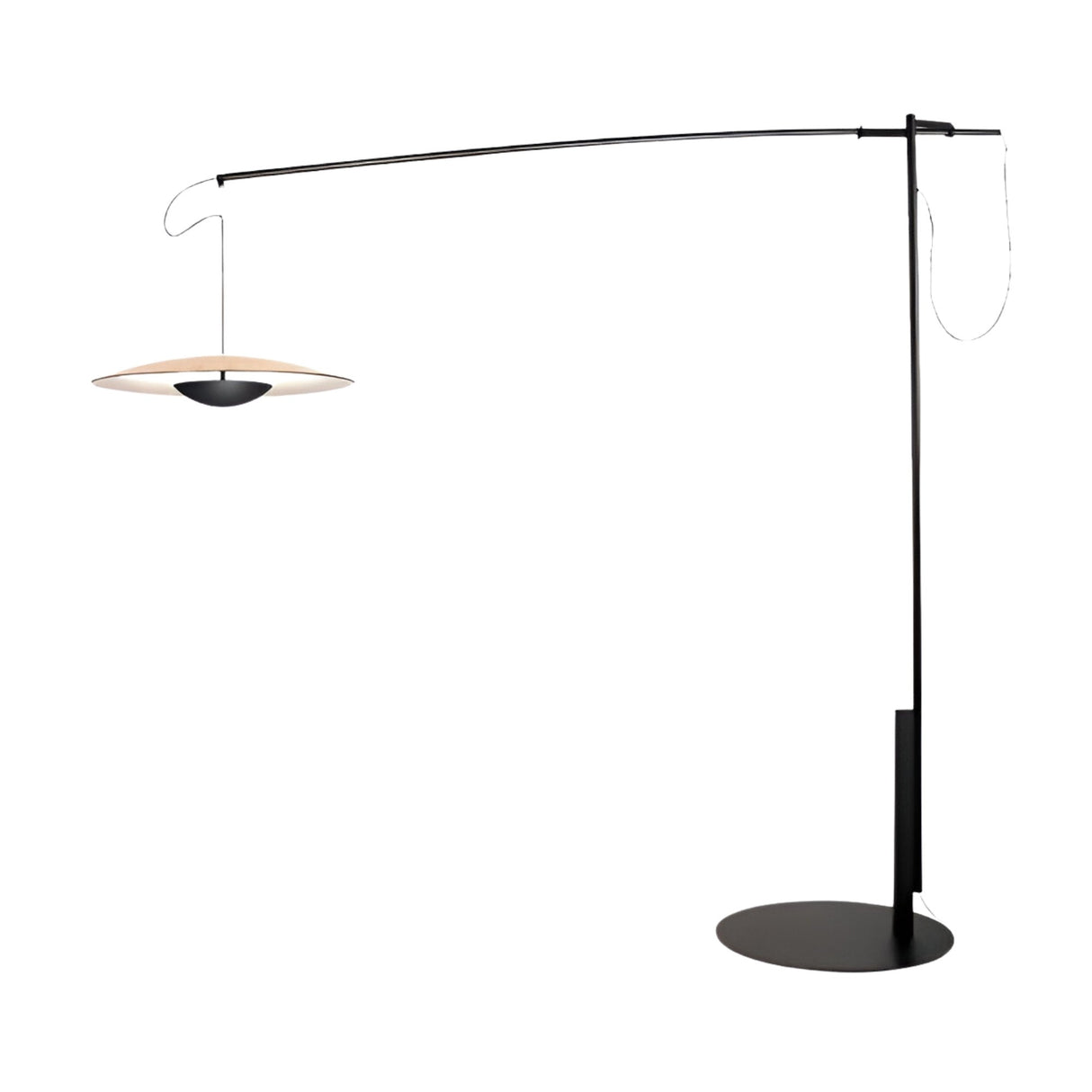 The Ginger LED Large Floor Lamp - Black & Oak features a slim black arm extending from a vertical stand, suspending a flat, circular light with glowing edges. Its minimalist design is completed by an oak-accented round base.