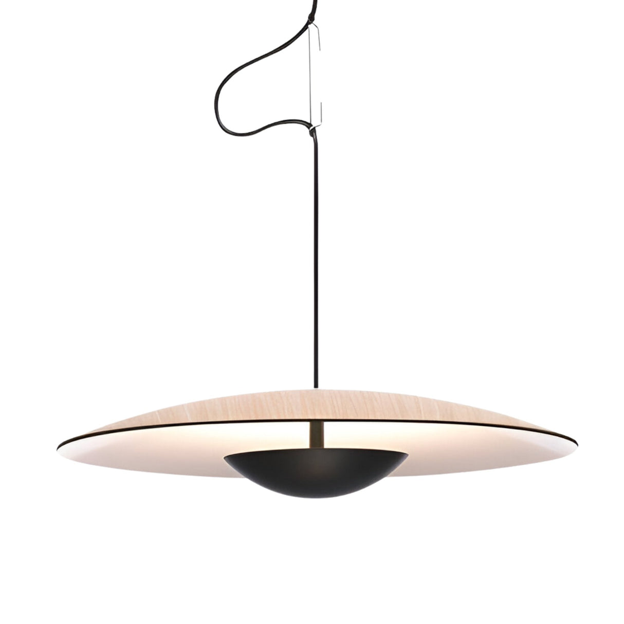 The Ginger LED Large Pendant Light features a wide, flat, circular oak shade and a black central fixture, suspended by a black cord—blending minimalist design with timeless style.
