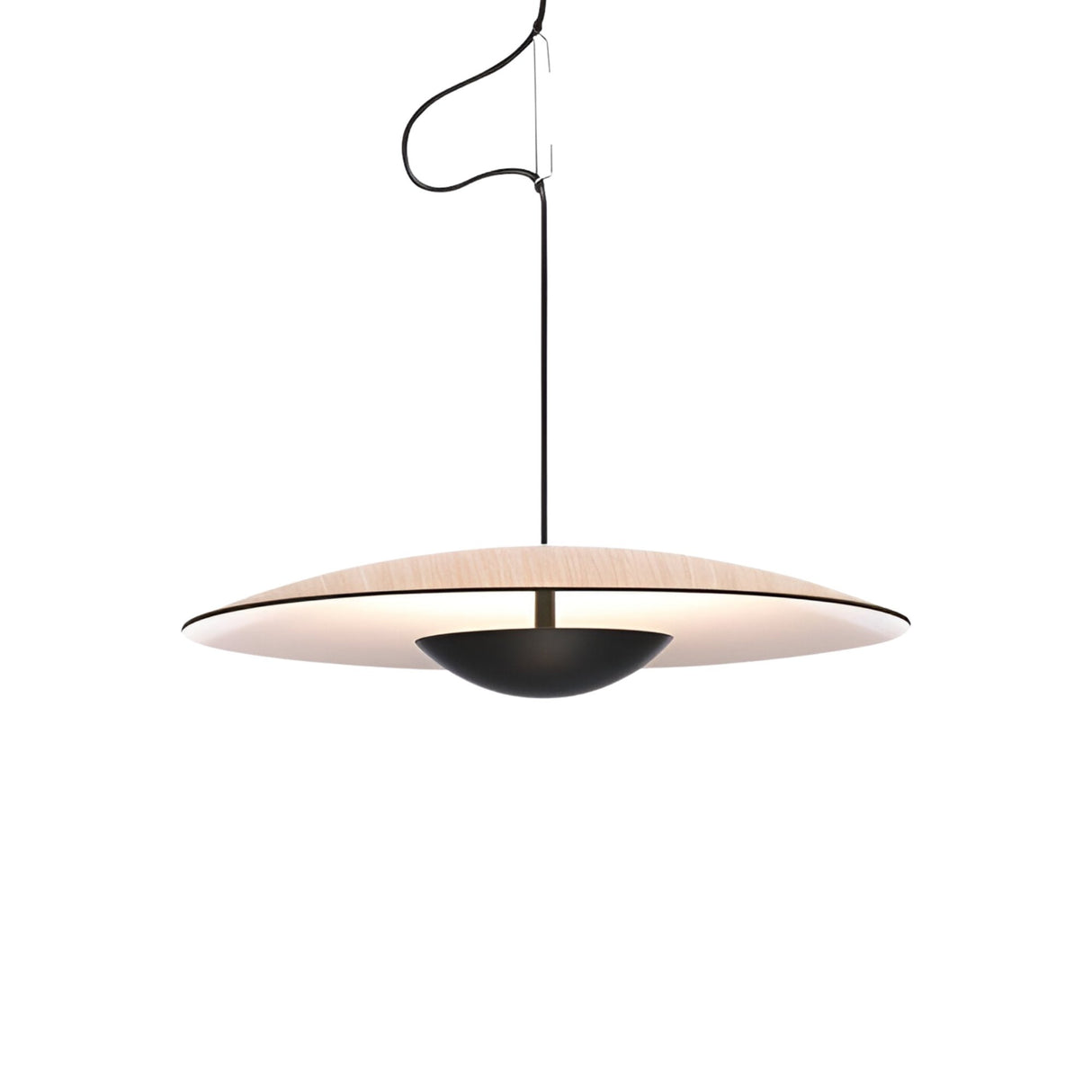 The Ginger LED Medium Pendant Light - Black & Oak features a wide, flat wooden shade and a sleek black fixture suspended by a thin cord—ideal for bringing minimalist style and modern elegance to any space.