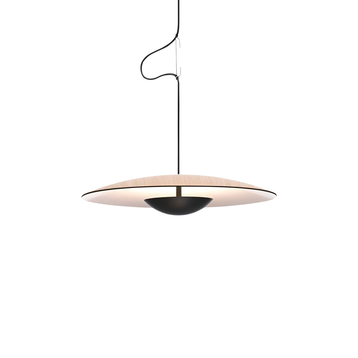 The Ginger LED Small Pendant Light in Black & Oak offers modern, eco-friendly elegance with a wide circular shade, an oak finish, and a black cord, shown against a plain white background.